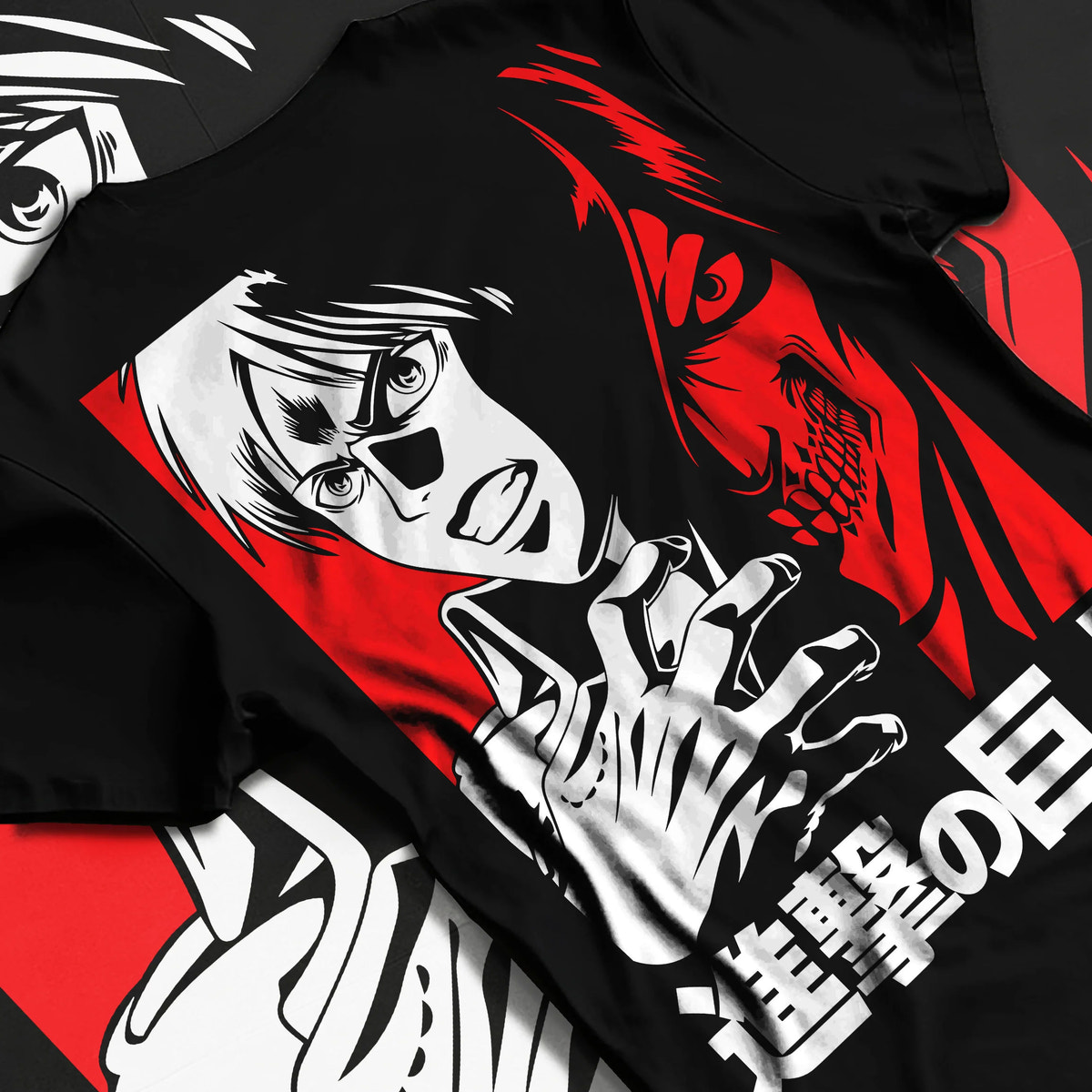 Black T-shirt flat back view showing Eren Yeager from Attack on Titan: black and white shouting silhouette