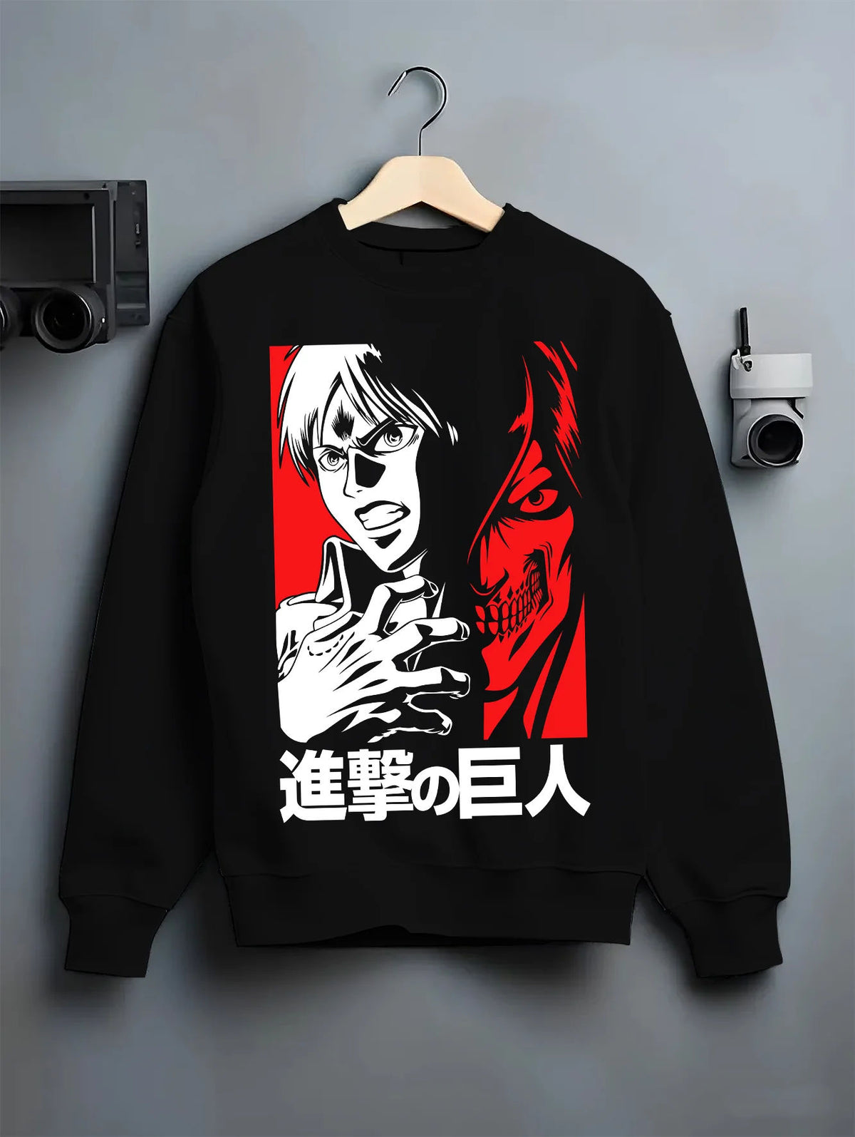 Black crewneck sweatshirt on hanger showing Eren Yeager from Attack on Titan: black and white shouting silhouette