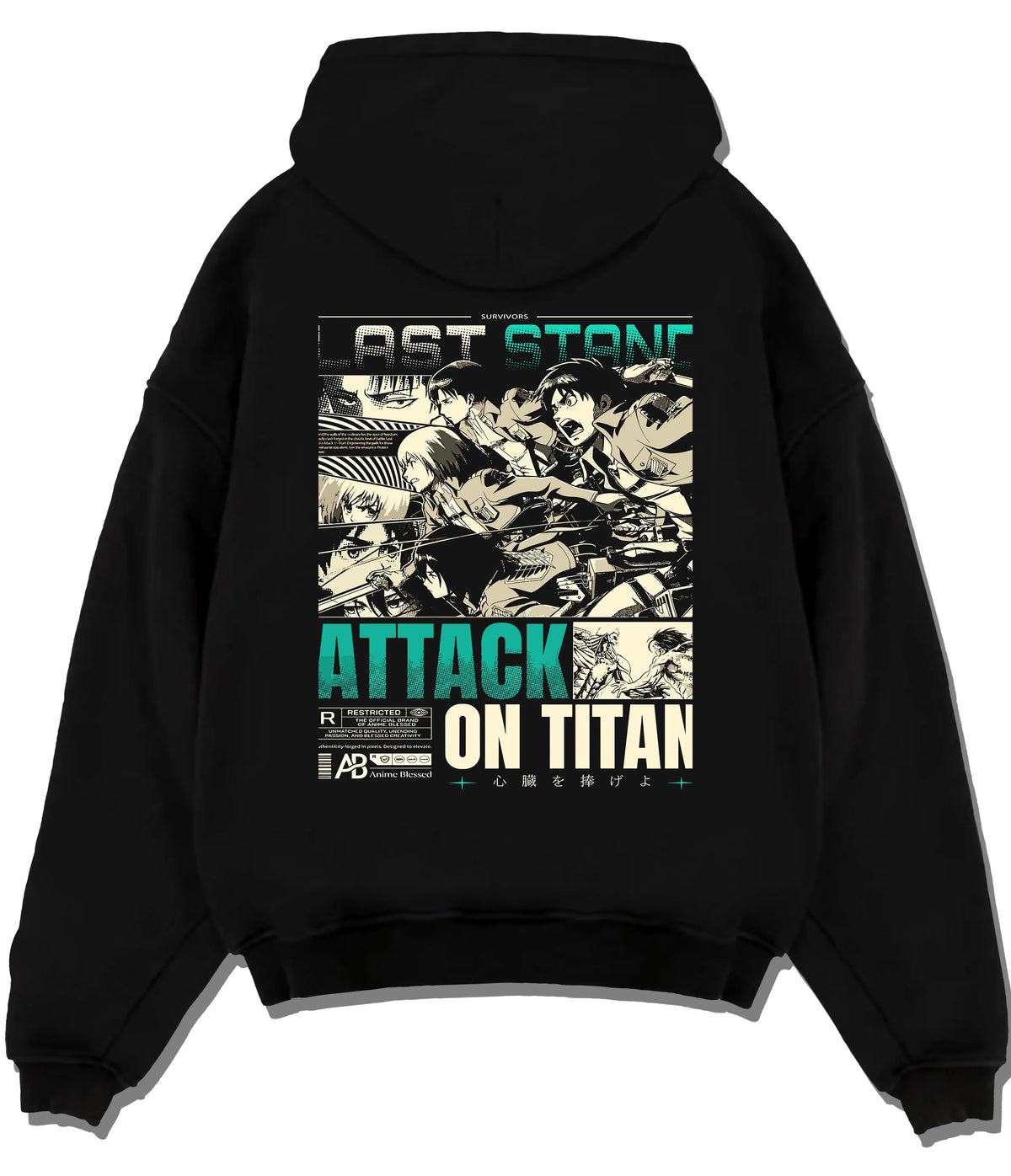 Black hoodie flat back view showing Attack on Titan cast: vintage manga panel montage