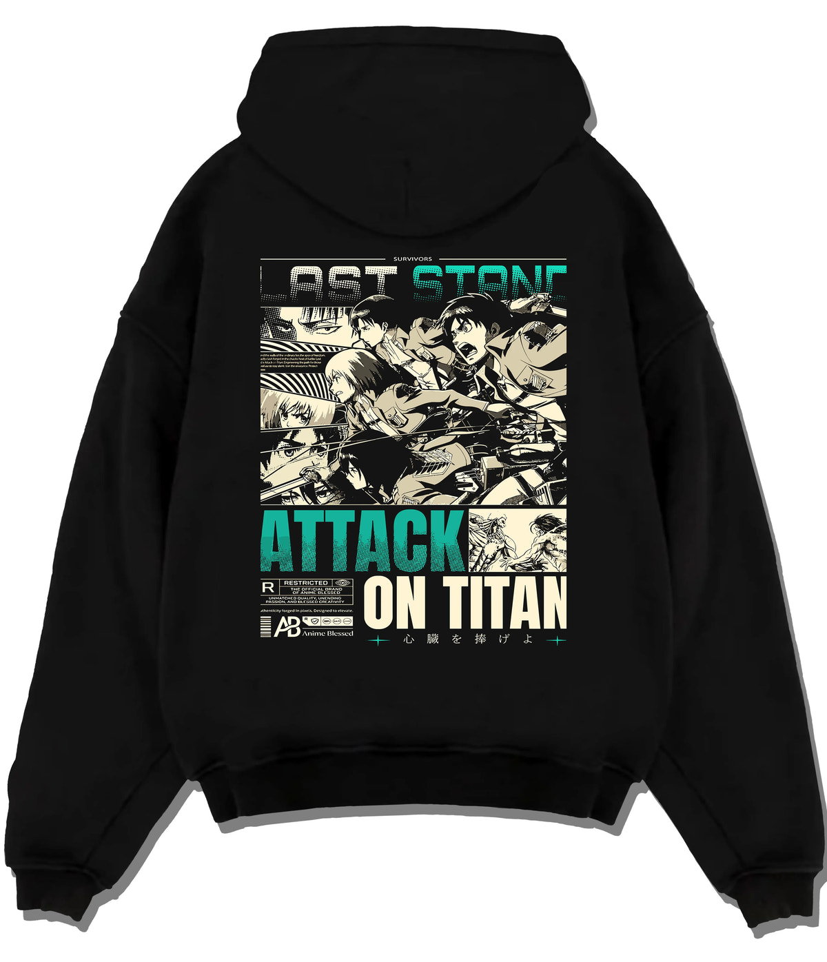 Black hoodie flat back view showing Attack on Titan cast: vintage manga panel montage