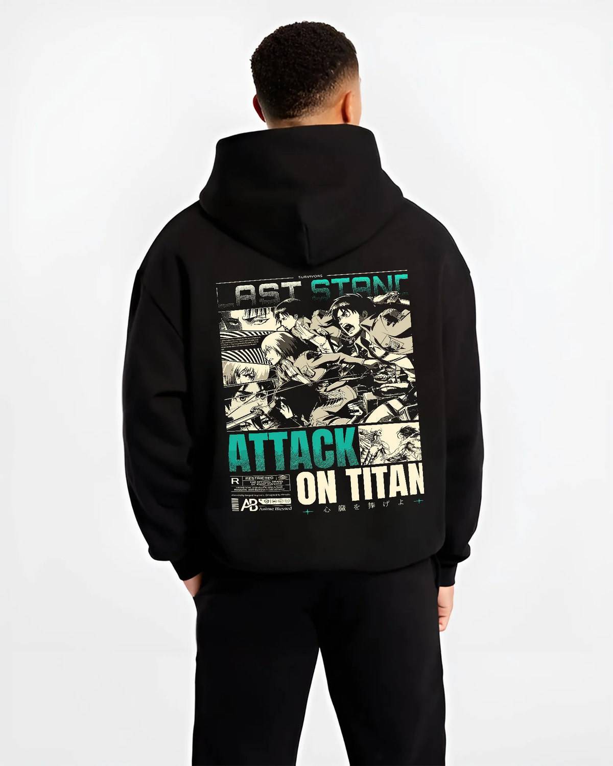Black hoodie model back view showing Attack on Titan cast: vintage manga panel montage