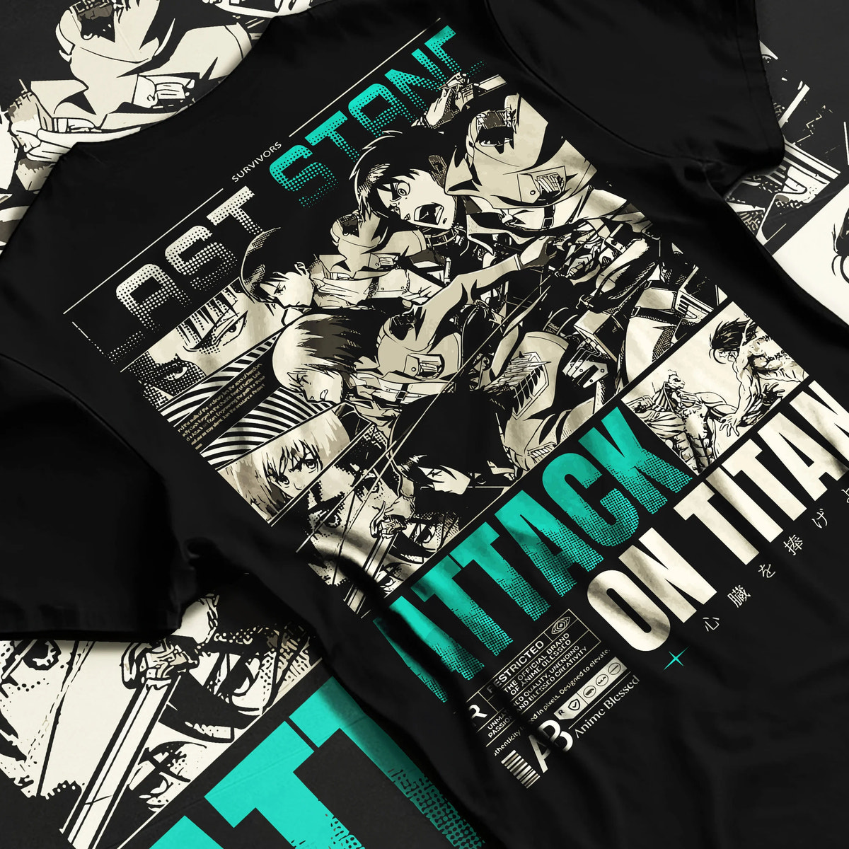 Black T-shirt flat back view showing Attack on Titan cast: vintage manga panel montage