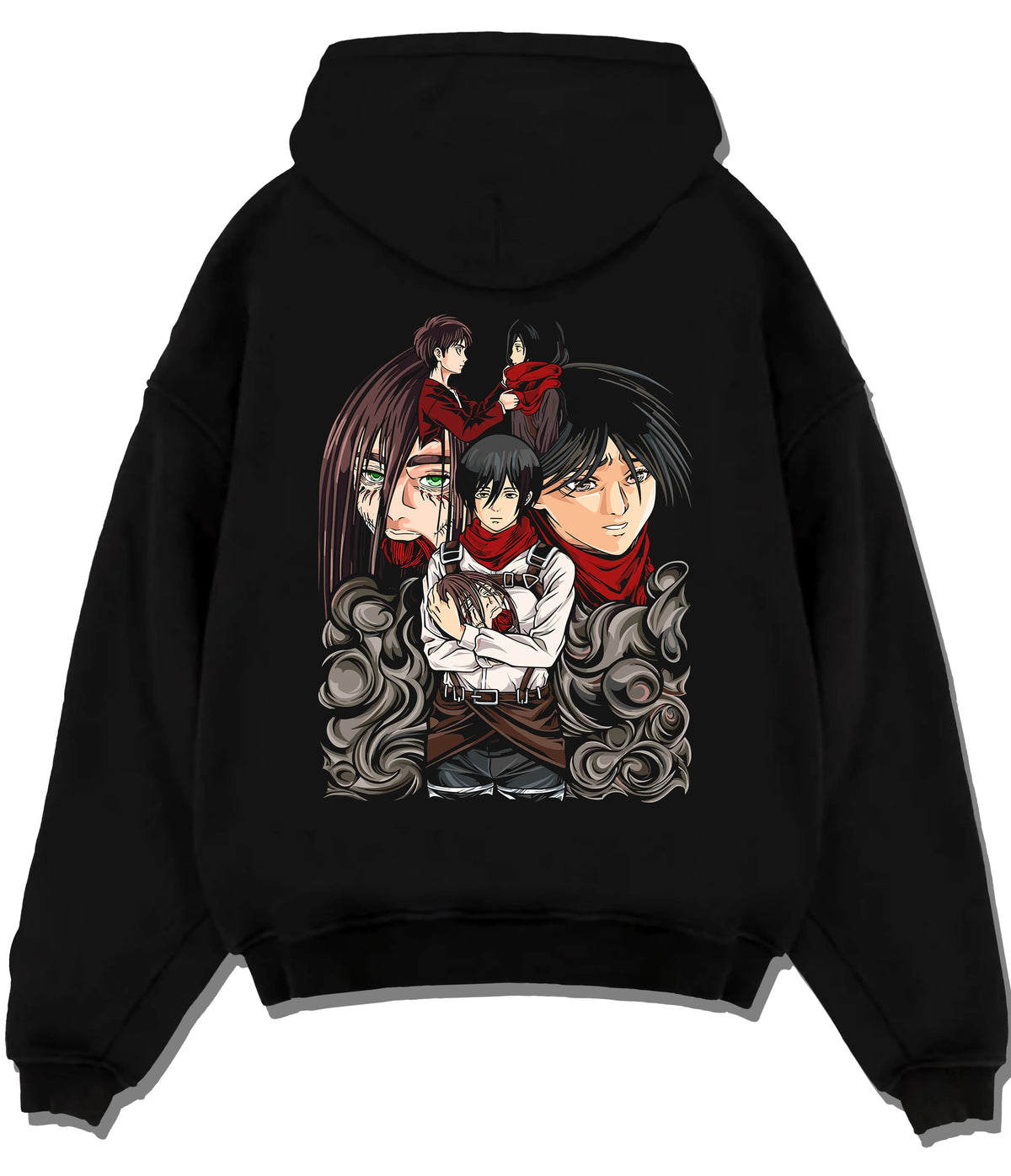 Black hoodie flat back view showing Eren Yeager and Mikasa Ackerman from Attack on Titan: romantic duo portrait