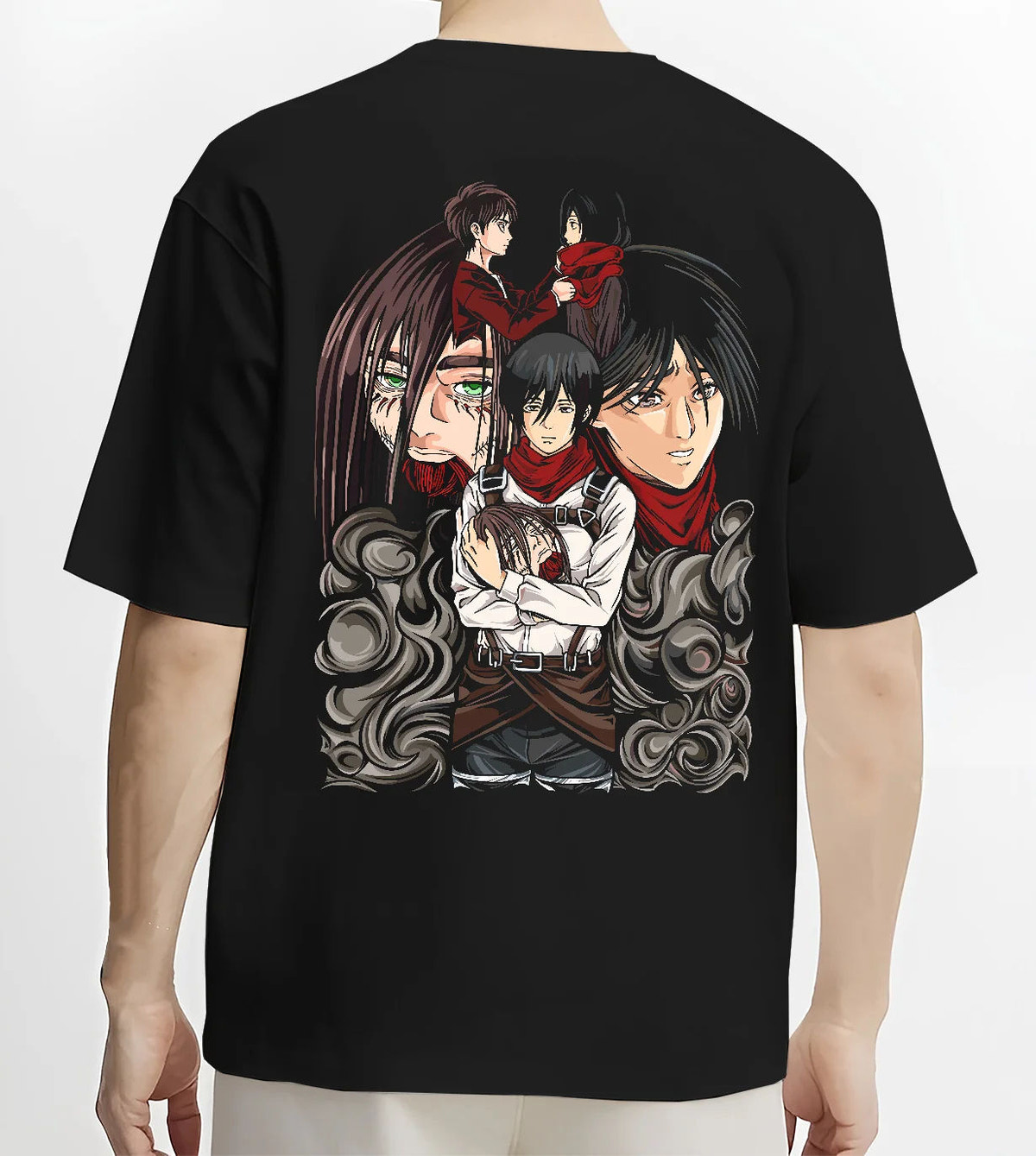 Black T-shirt model back view showing Eren Yeager and Mikasa Ackerman from Attack on Titan: romantic duo portrait