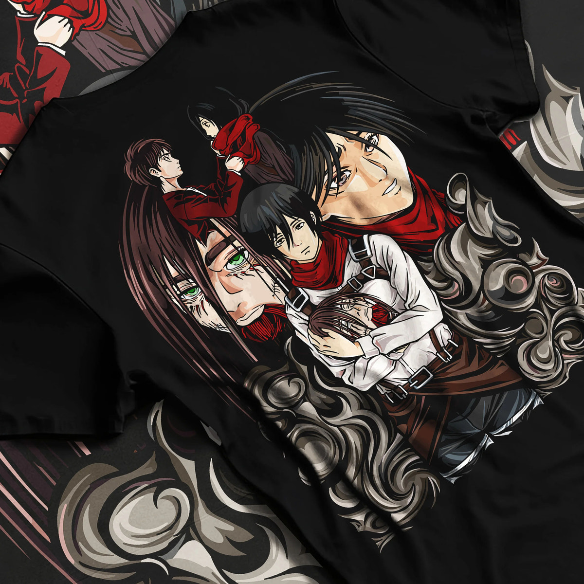 Black T-shirt flat back view showing Eren Yeager and Mikasa Ackerman from Attack on Titan: romantic duo portrait