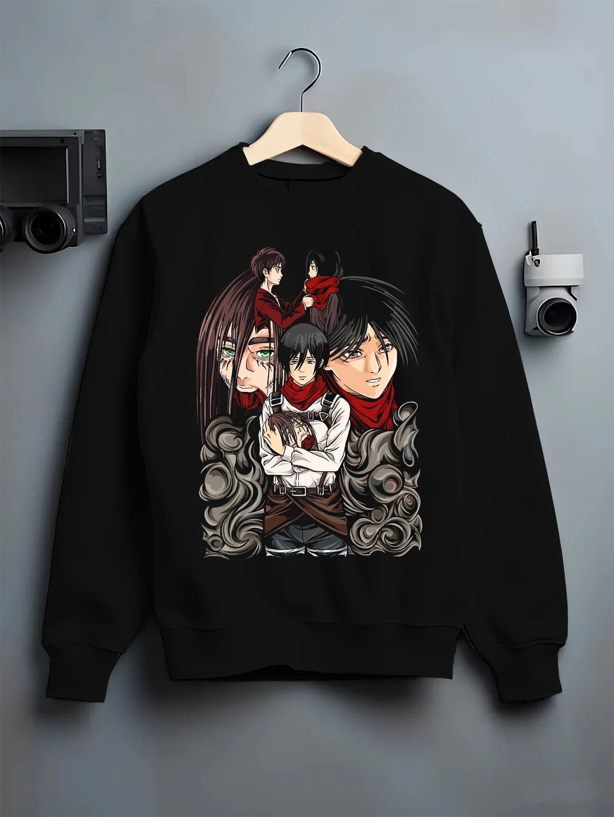 Black crewneck sweatshirt on hanger showing Eren Yeager and Mikasa Ackerman from Attack on Titan: romantic duo portrait