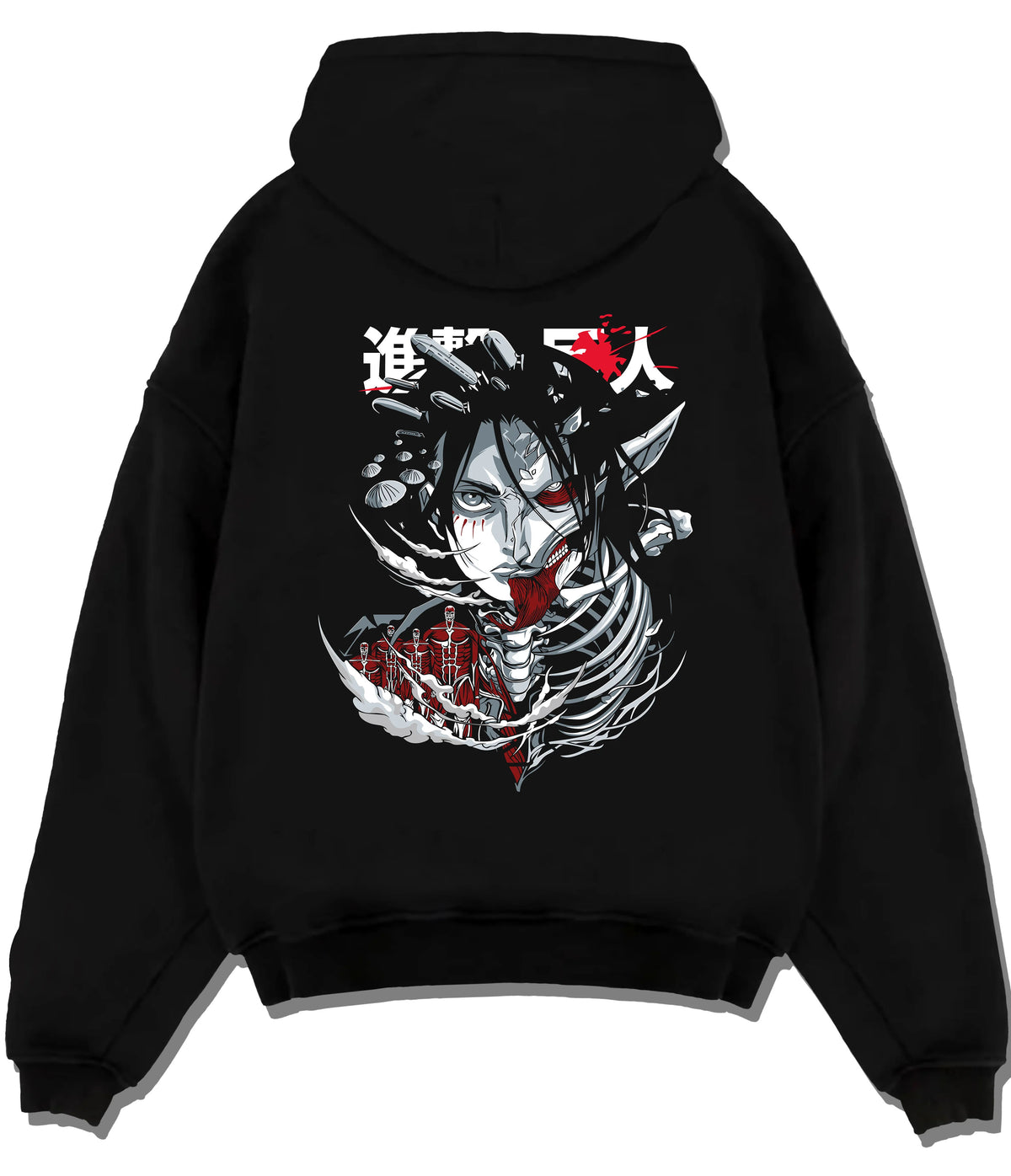 Black hoodie flat back view showing Eren / Attack Titan from Attack on Titan: dark skeletal monster head