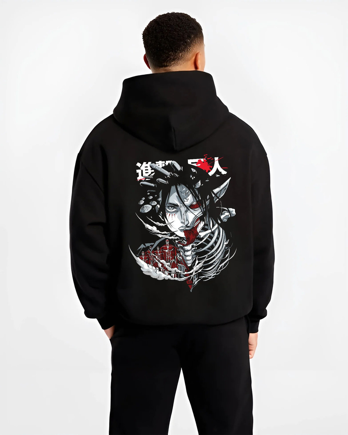 Black hoodie model back view showing Eren / Attack Titan from Attack on Titan: dark skeletal monster head