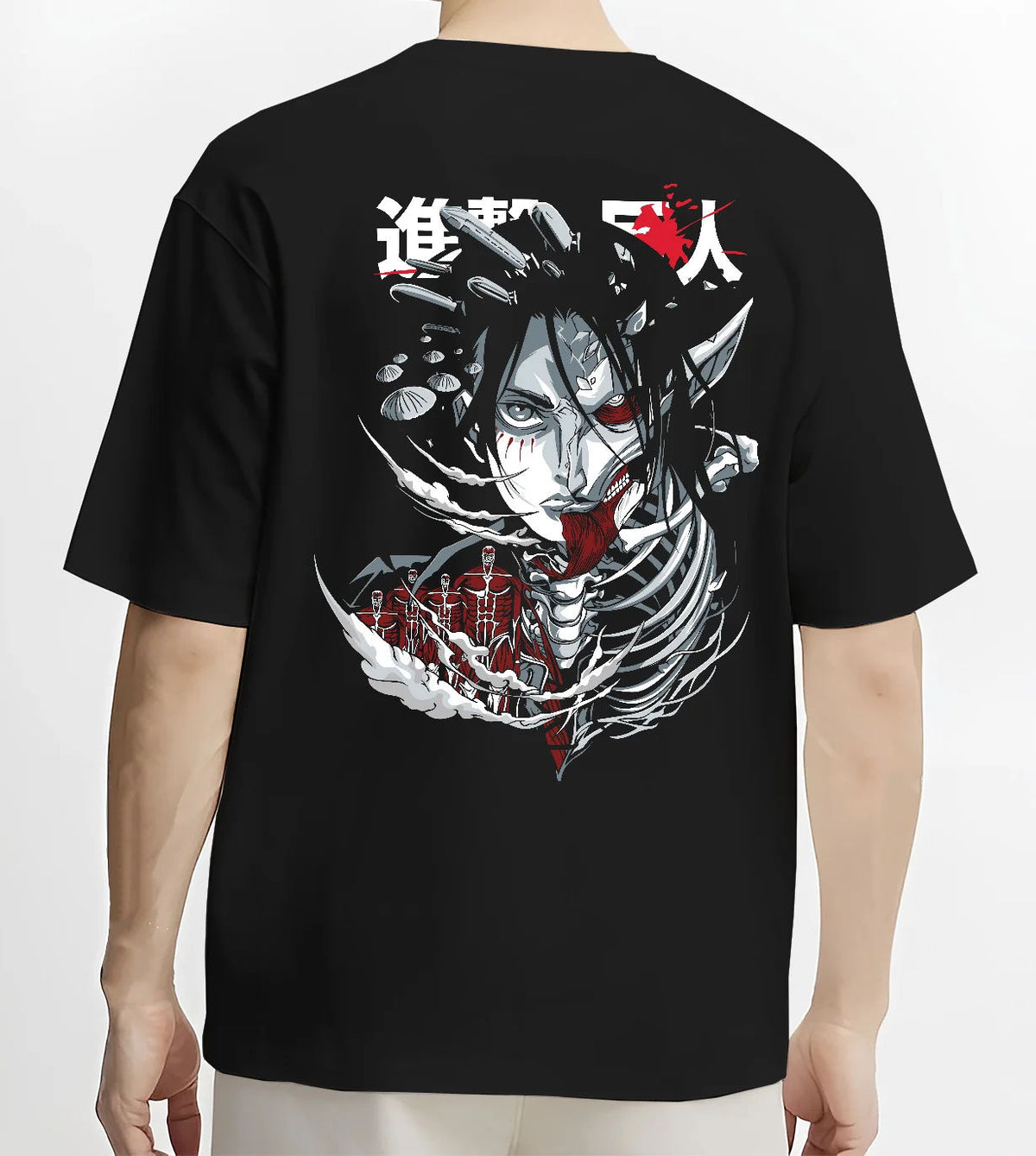 Black T-shirt model back view showing Eren / Attack Titan from Attack on Titan: dark skeletal monster head