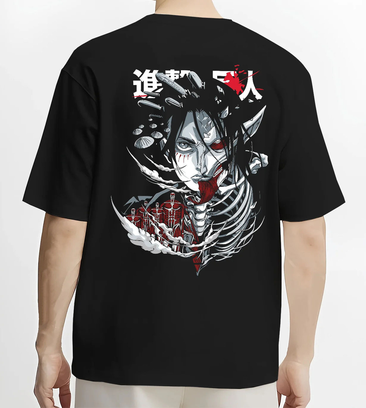 Black T-shirt model back view showing Eren / Attack Titan from Attack on Titan: dark skeletal monster head