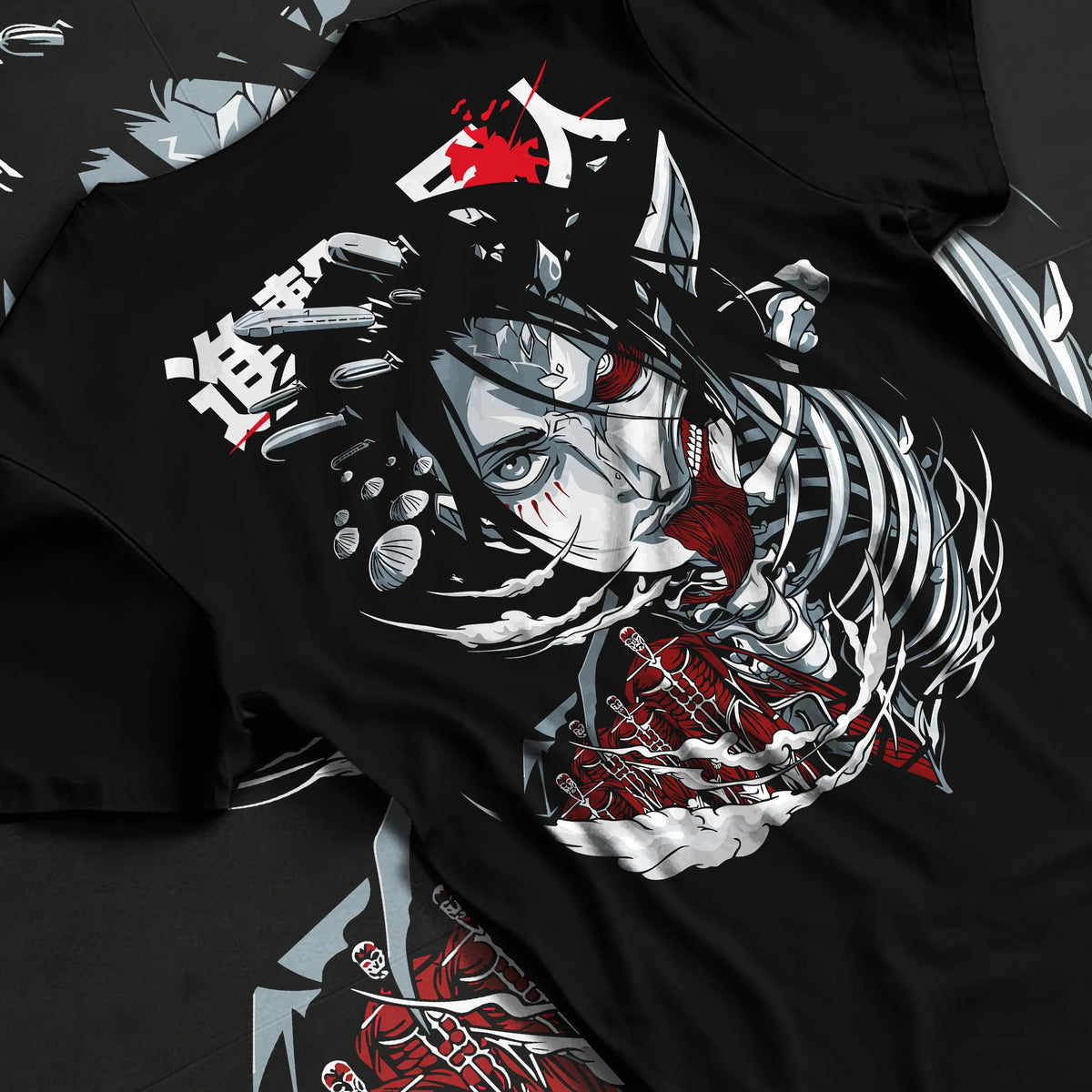 Black T-shirt flat back view showing Eren / Attack Titan from Attack on Titan: dark skeletal monster head