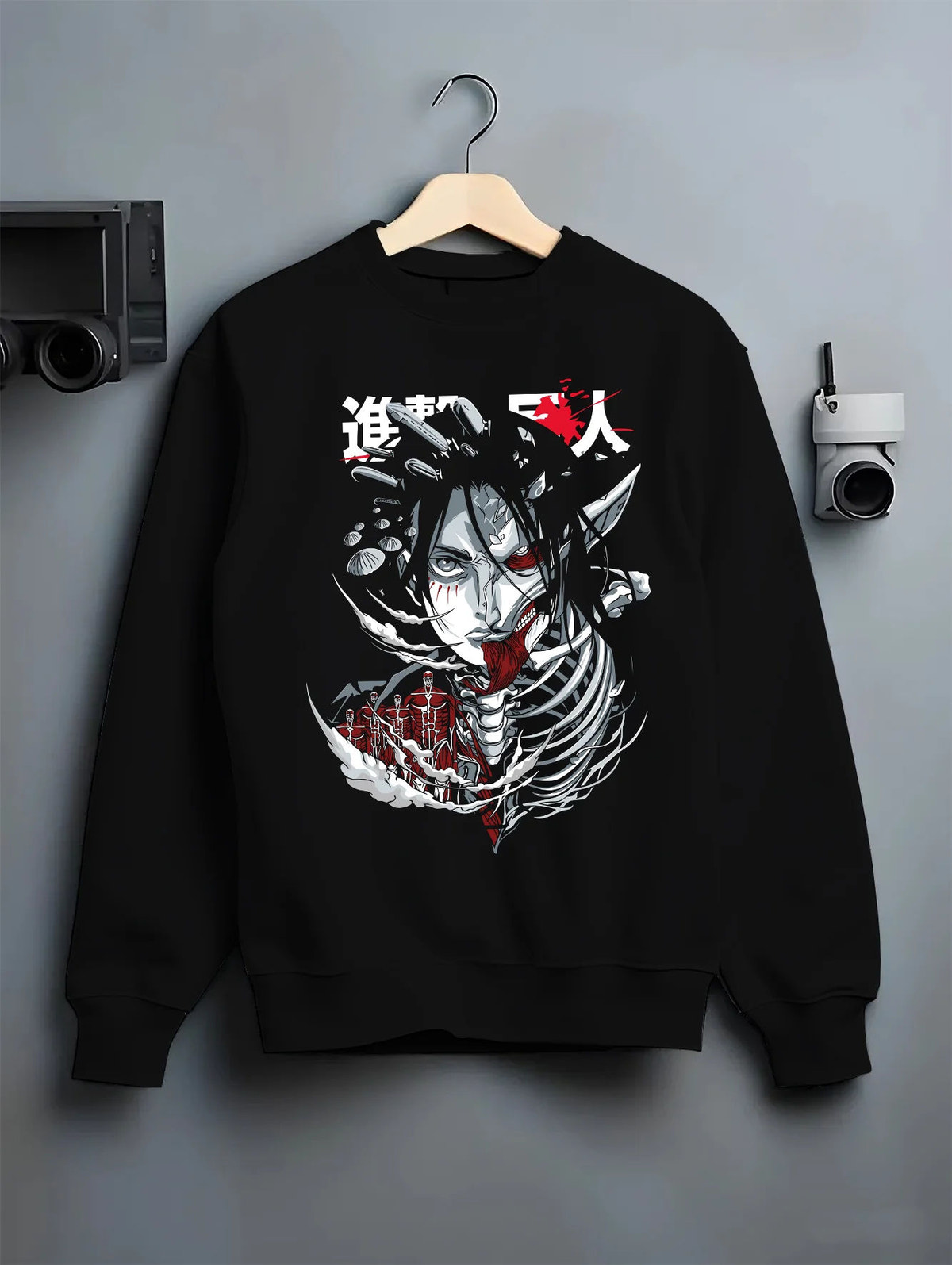 Black crewneck sweatshirt on hanger showing Eren / Attack Titan from Attack on Titan: dark skeletal monster head