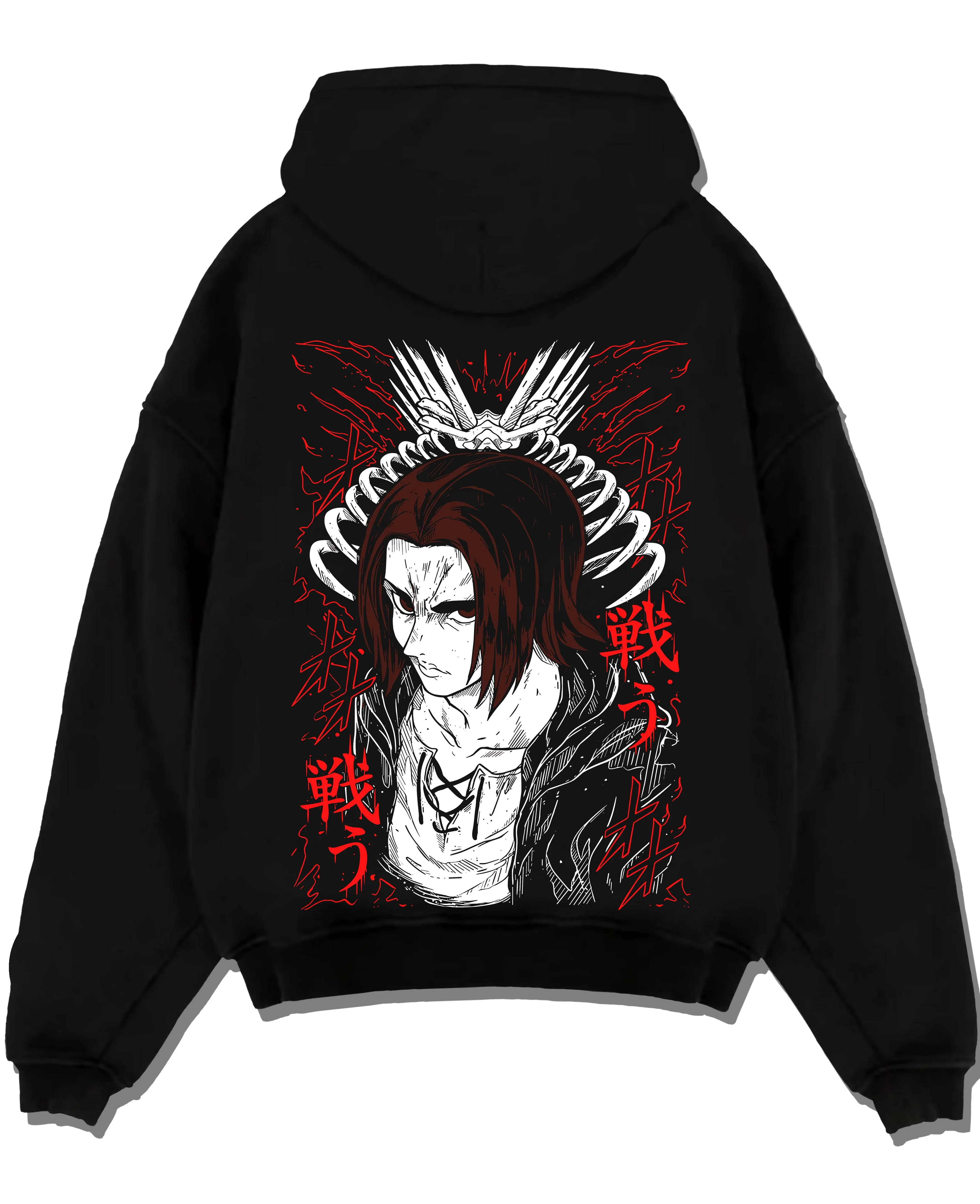 Black pullover hoodie laid flat with Eren Yeager Hoodie Attack on Titan Rage Eyes Variant graphic bold anime graphic.
