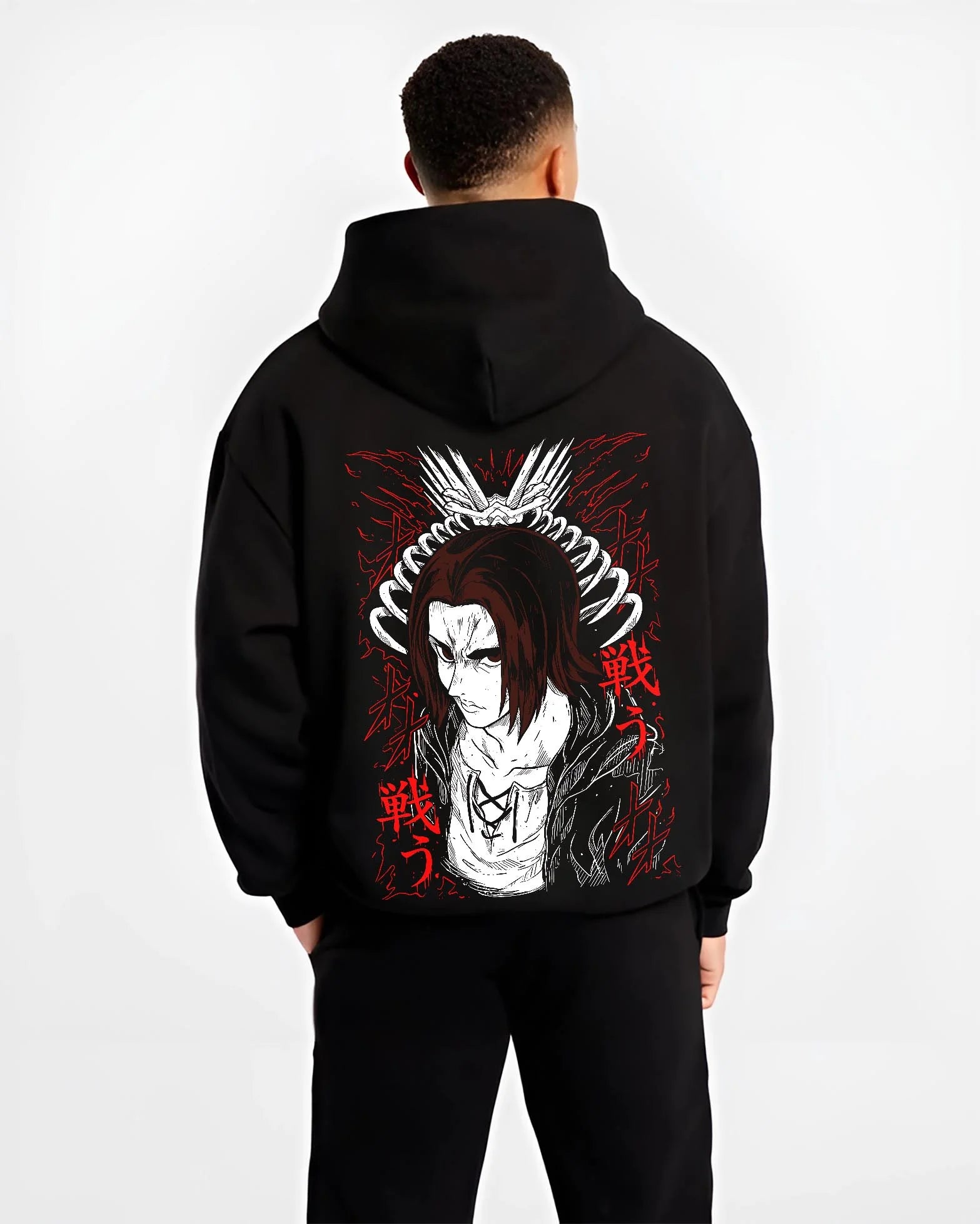 Black hoodie worn by male model, back view with Eren Yeager Hoodie Attack on Titan Rage Eyes Variant graphic premium wear.