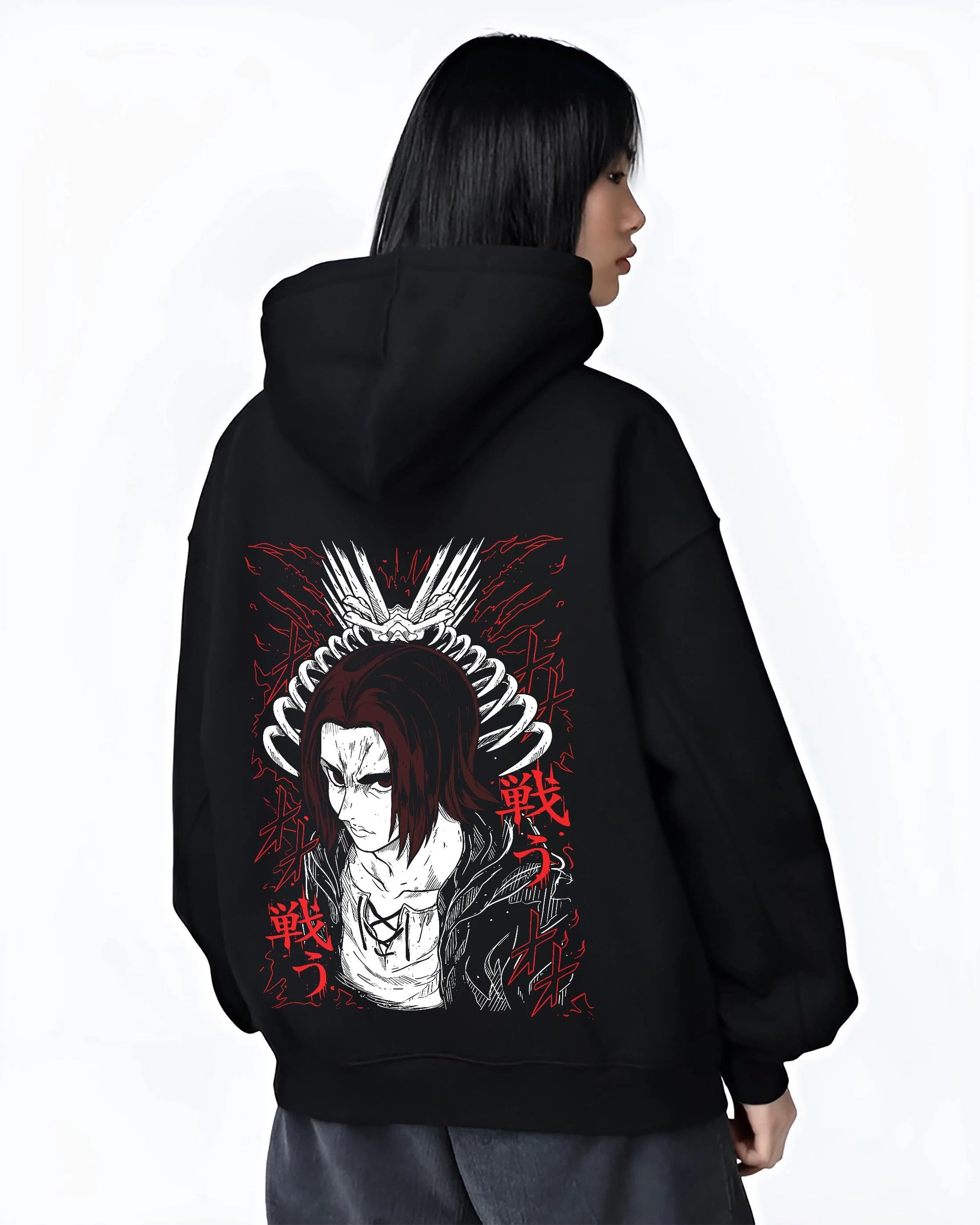Black hoodie worn by female model, back view with Eren Yeager Hoodie Attack on Titan Rage Eyes Variant graphic bold anime graphic.