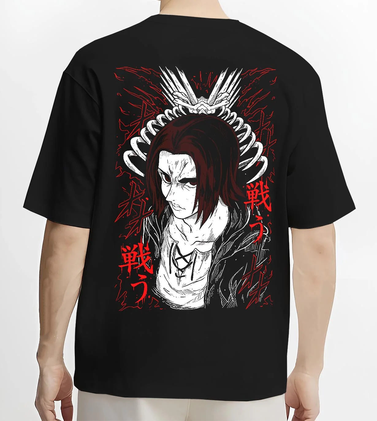 Black T-shirt worn by male model, back view with Eren Yeager Hoodie Attack on Titan Rage Eyes Variant graphic streetwear graphic.