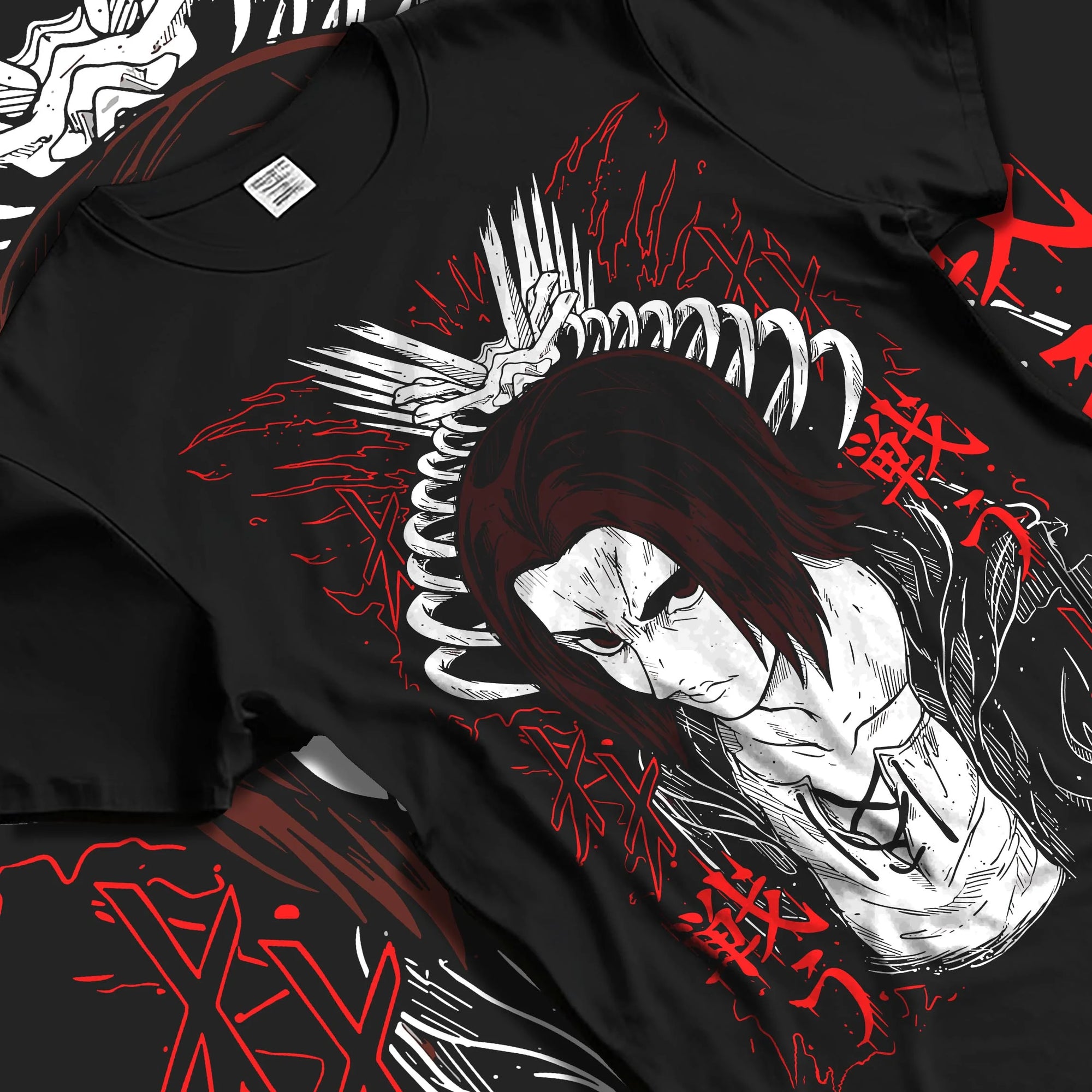 Black T-shirt laid flat with natural folds with Eren Yeager Hoodie Attack on Titan Rage Eyes Variant graphic premium wear.