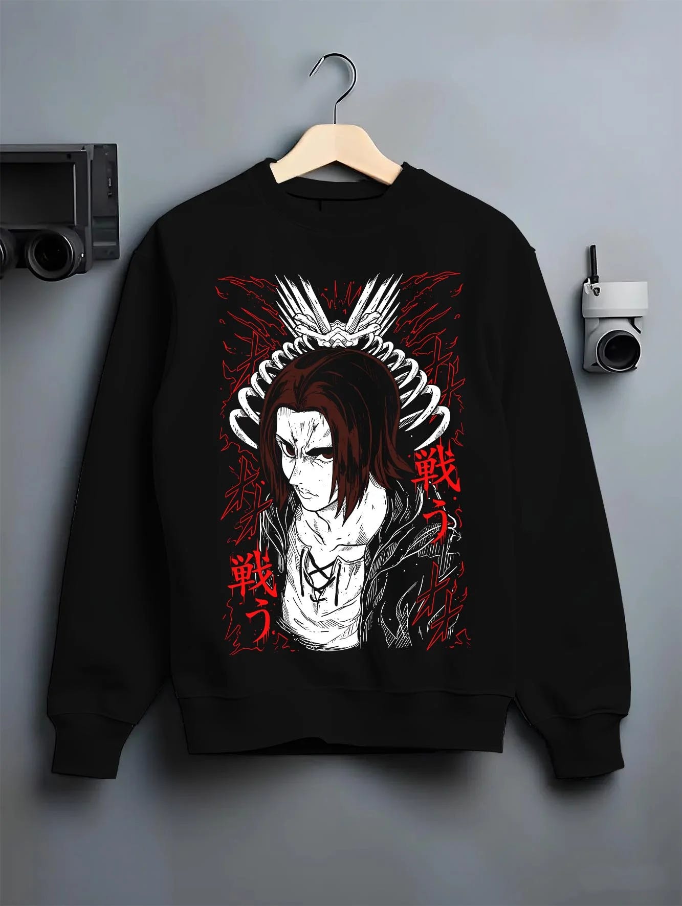 Black crewneck sweatshirt on hanger with Eren Yeager Hoodie Attack on Titan Rage Eyes Variant graphic bold anime graphic.