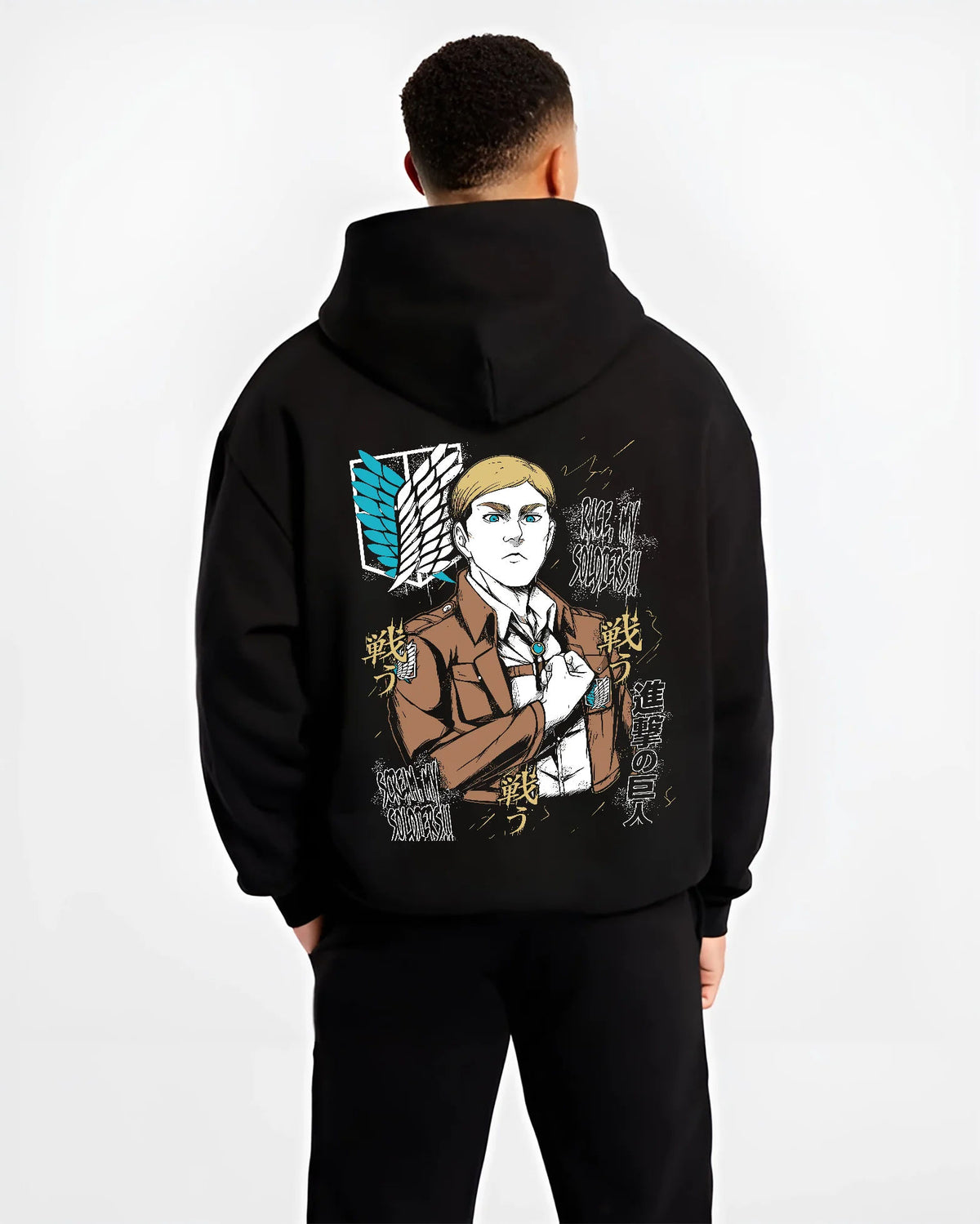 Black hoodie model back view showing Erwin Smith from Attack on Titan: Survey Corps commander portrait