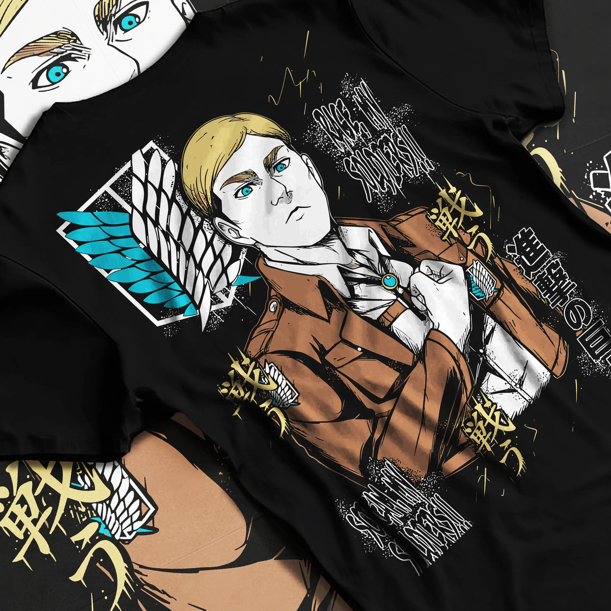 Black T-shirt flat back view showing Erwin Smith from Attack on Titan: Survey Corps commander portrait