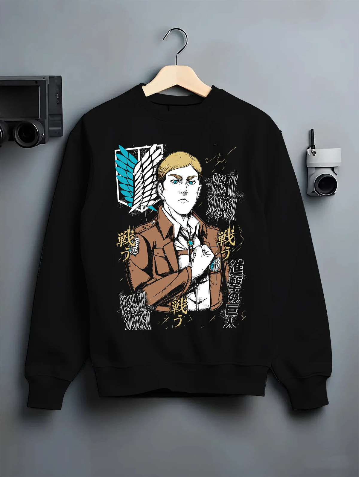 Black crewneck sweatshirt on hanger showing Erwin Smith from Attack on Titan: Survey Corps commander portrait