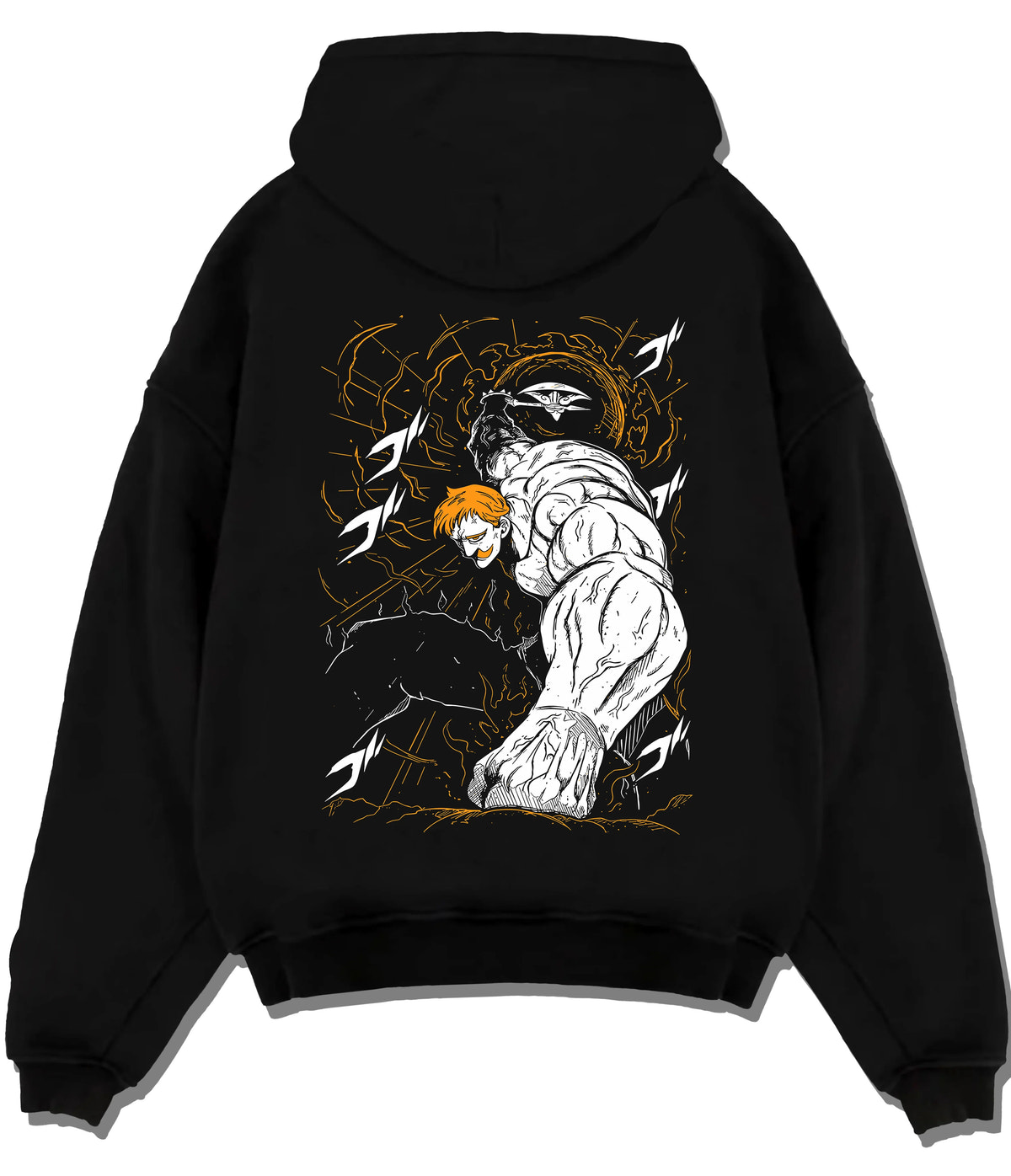 Black hoodie flat back view showing Escanor from Seven Deadly Sins: muscular Lion Sin of Pride punch pose