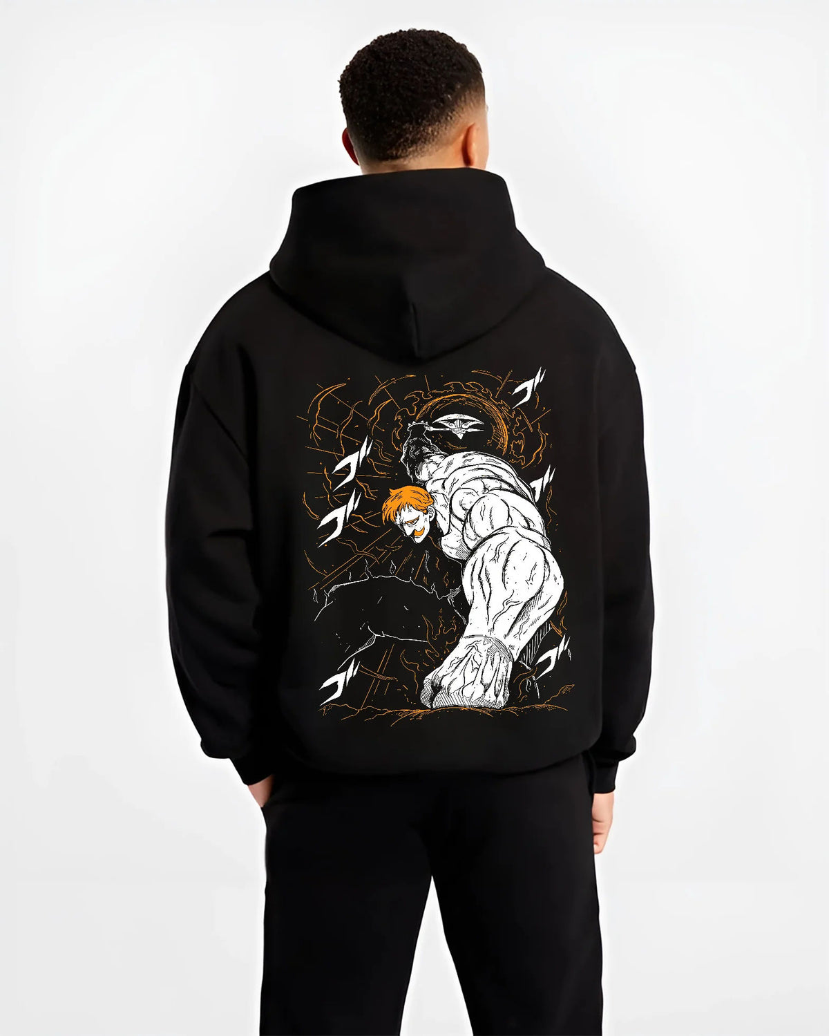 Black hoodie model back view showing Escanor from Seven Deadly Sins: muscular Lion Sin of Pride punch pose