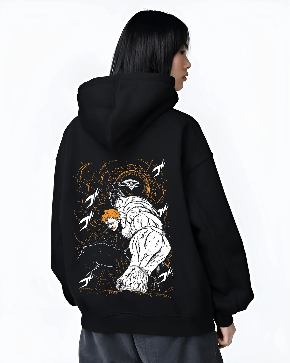 Black hoodie female model back view showing Escanor from Seven Deadly Sins: muscular Lion Sin of Pride punch pose