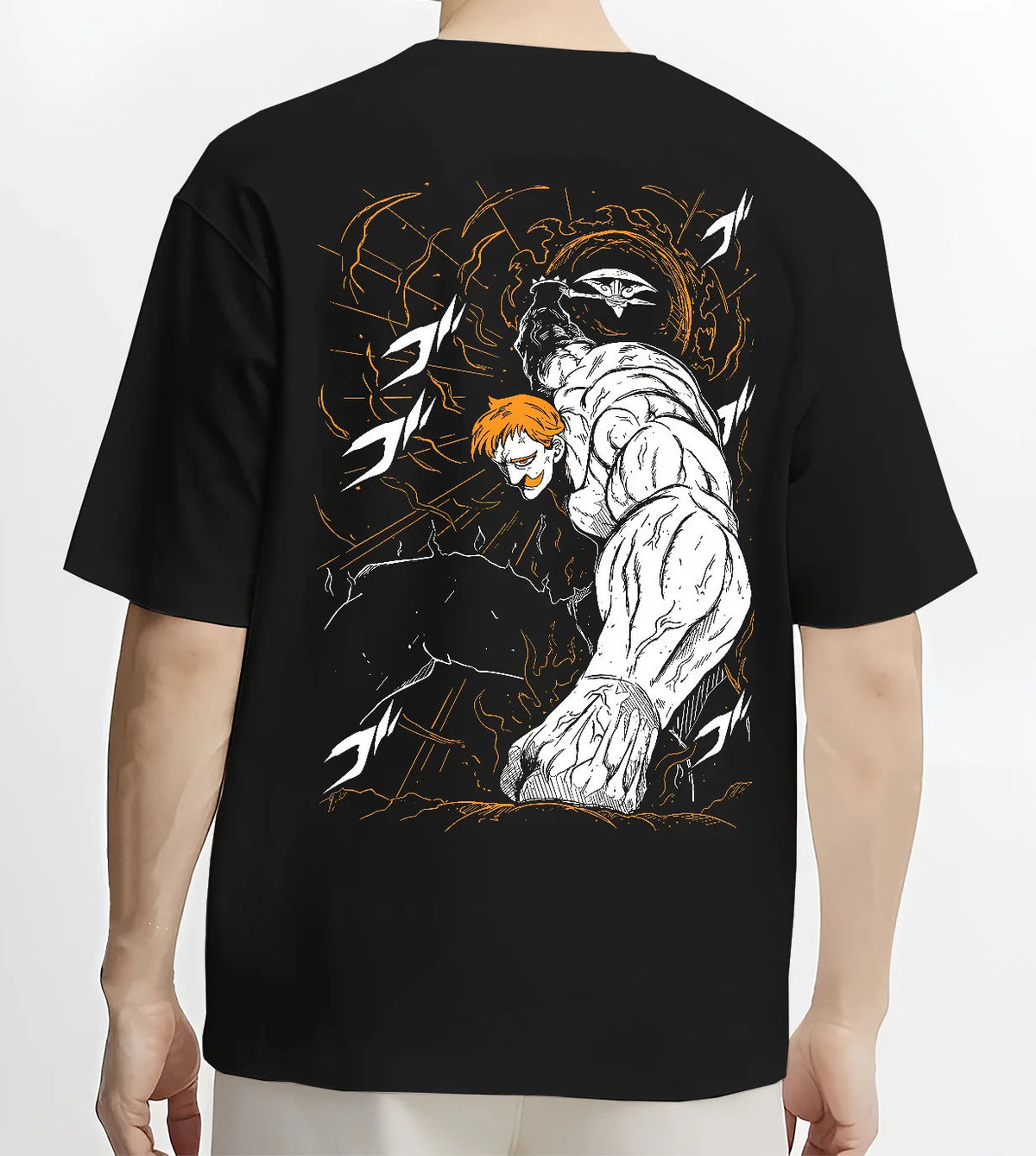 Black T-shirt model back view showing Escanor from Seven Deadly Sins: muscular Lion Sin of Pride punch pose