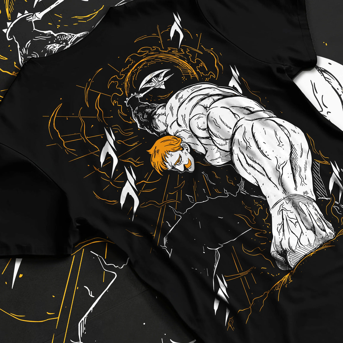Black T-shirt flat back view showing Escanor from Seven Deadly Sins: muscular Lion Sin of Pride punch pose