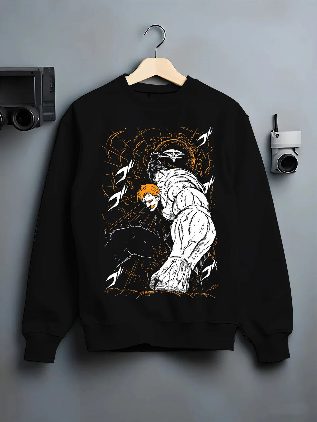 Black crewneck sweatshirt on hanger showing Escanor from Seven Deadly Sins: muscular Lion Sin of Pride punch pose