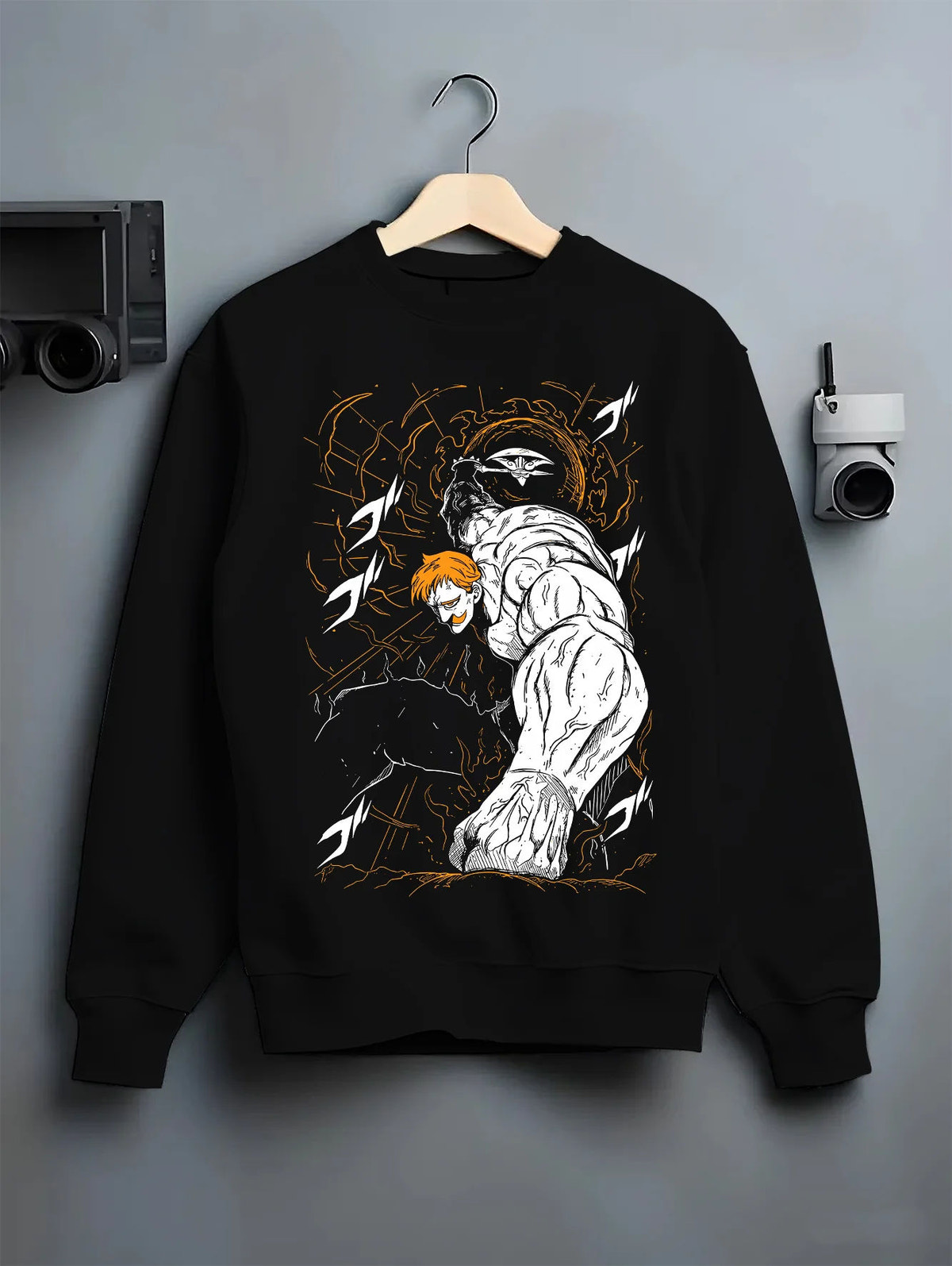 Black crewneck sweatshirt on hanger showing Escanor from Seven Deadly Sins: muscular Lion Sin of Pride punch pose