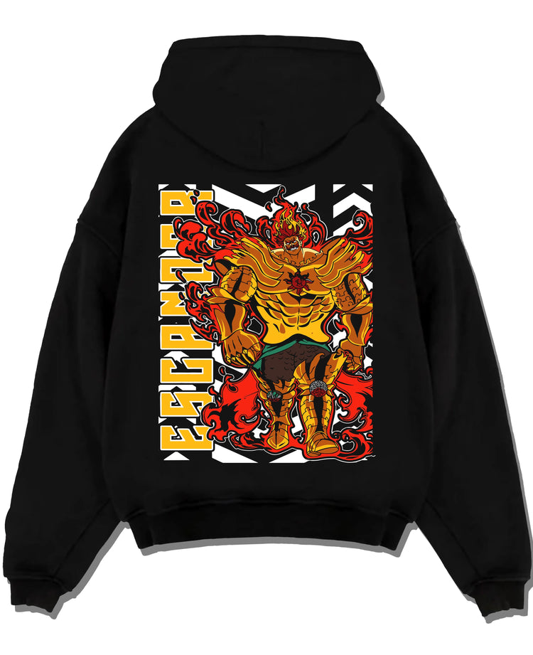 Black pullover hoodie laid flat with Escanor Hoodie Seven Deadly Sins Lion Sin Sunshine graphic bold anime graphic.