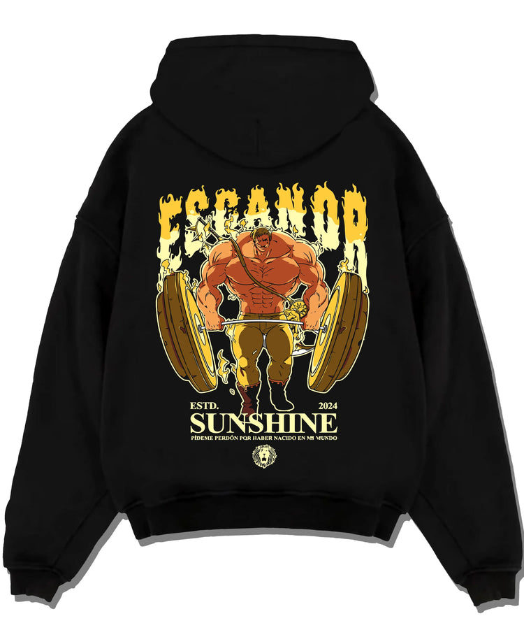 Black pullover hoodie laid flat with Escanor Hoodie Seven Deadly Sins Golden Muscle Form graphic premium wear.