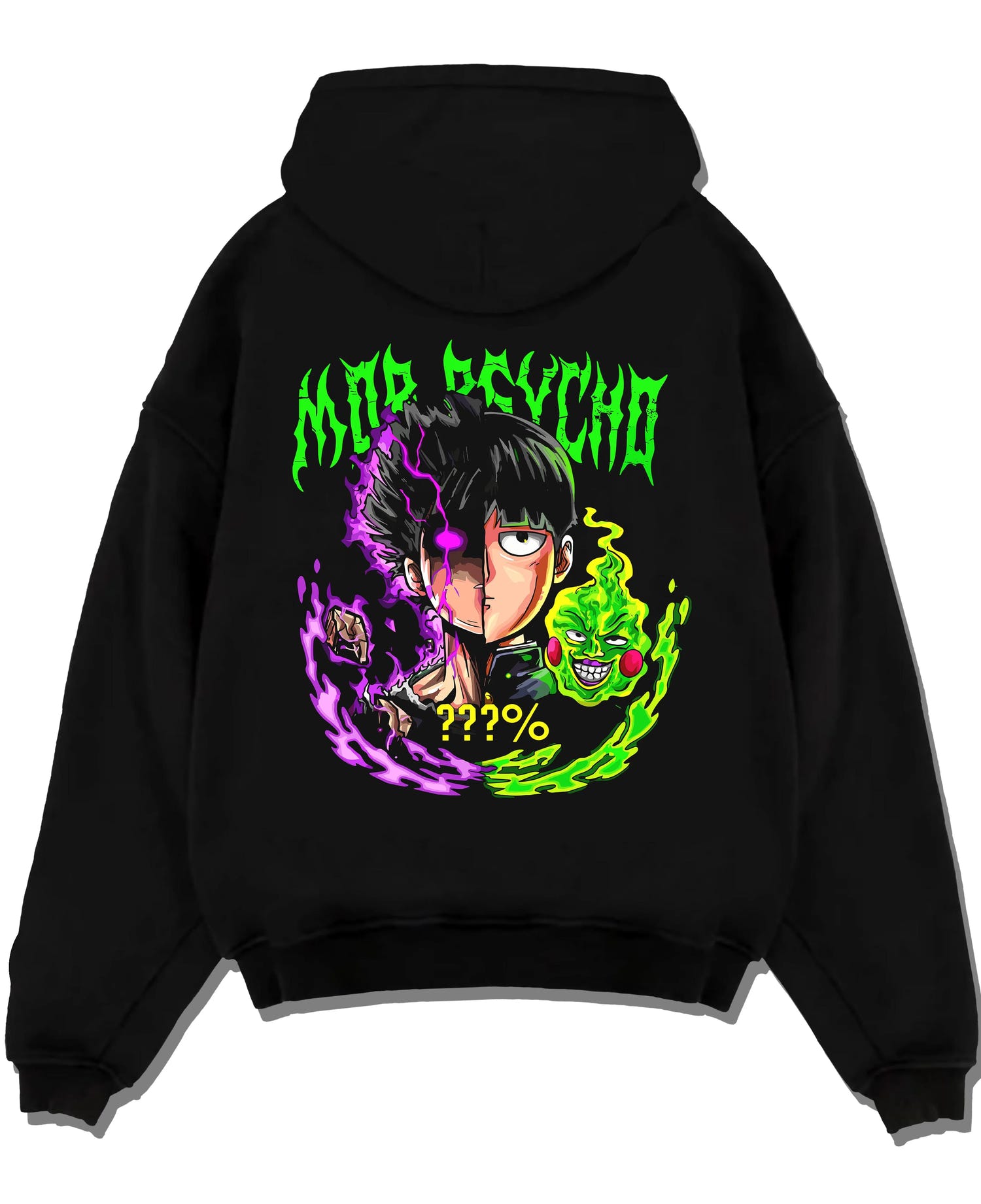 Black pullover hoodie laid flat with Mob Psycho 100 Hoodie Shigeo Kageyama Esper Jumper graphic premium wear.