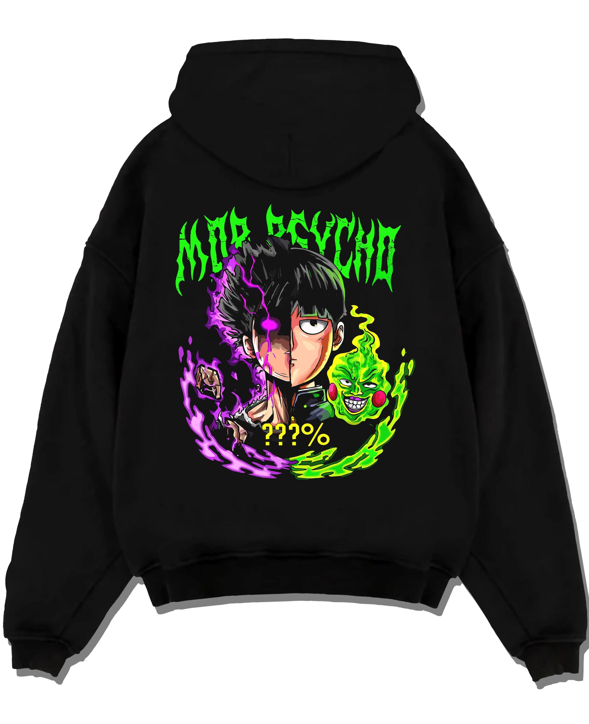 Black pullover hoodie laid flat with Mob Psycho 100 Hoodie Shigeo Kageyama Esper Jumper graphic premium wear.