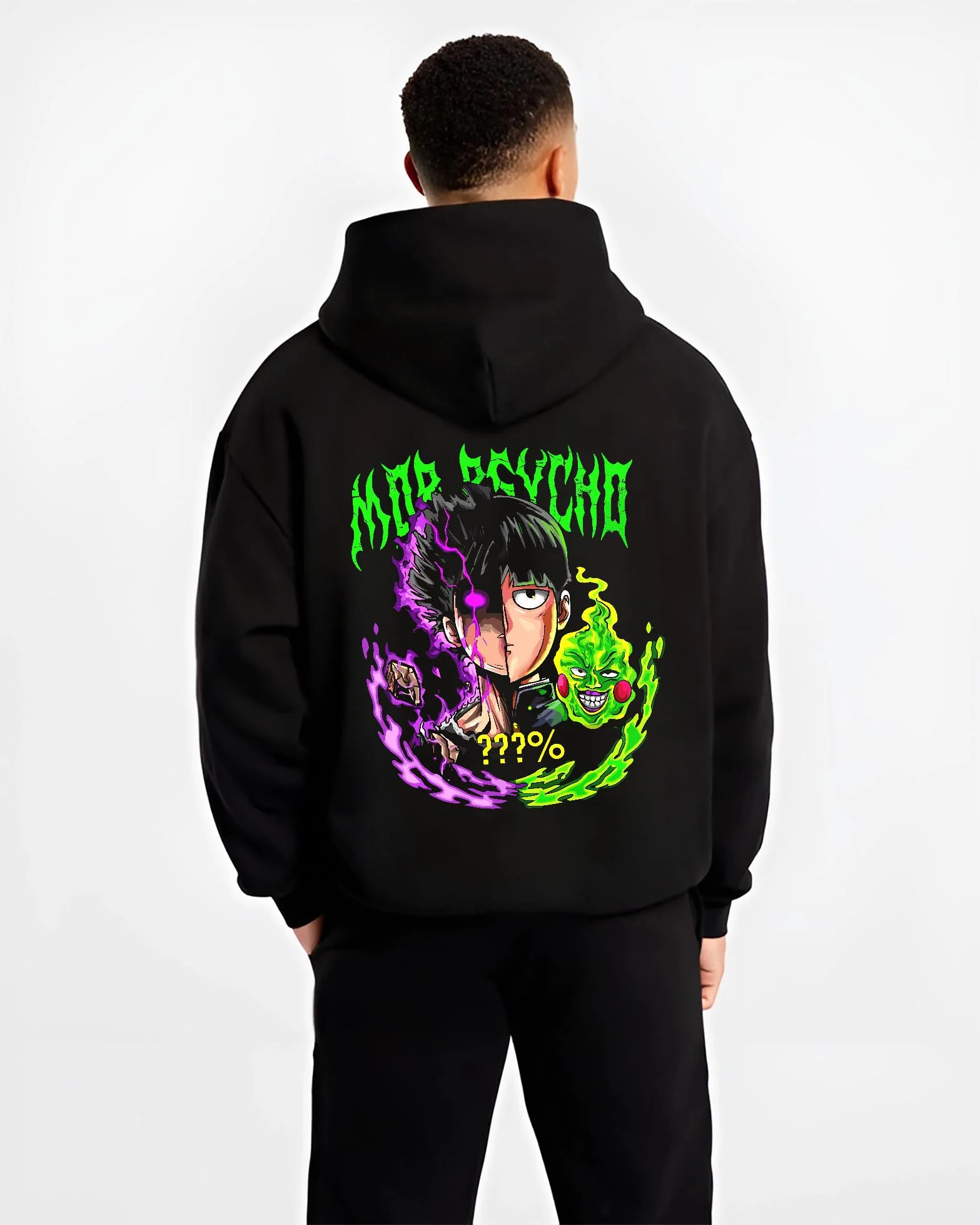 Black hoodie worn by male model, back view with Mob Psycho 100 Hoodie Shigeo Kageyama Esper Jumper graphic bold anime graphic.