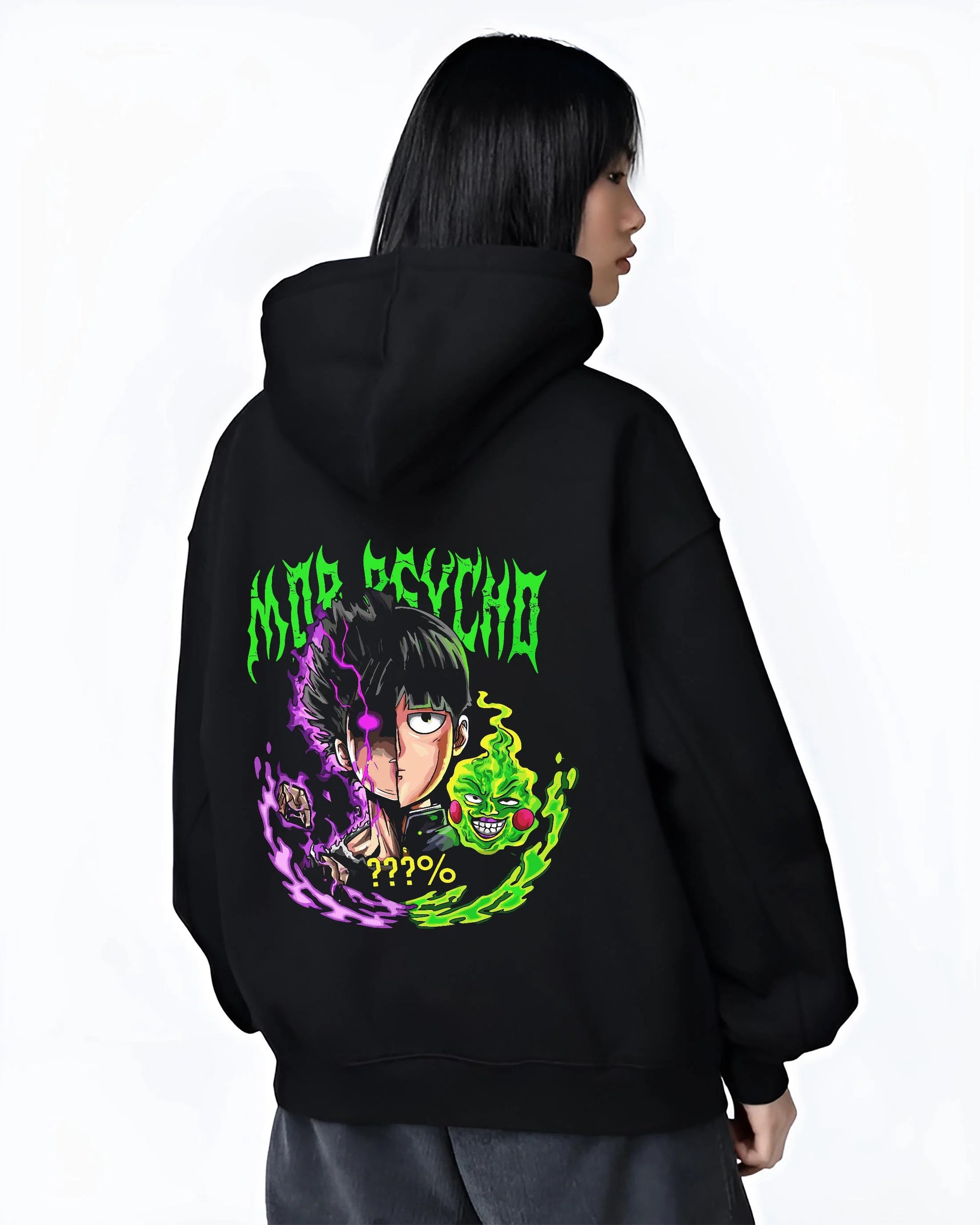 Black hoodie worn by female model, back view with Mob Psycho 100 Hoodie Shigeo Kageyama Esper Jumper graphic bold anime graphic.