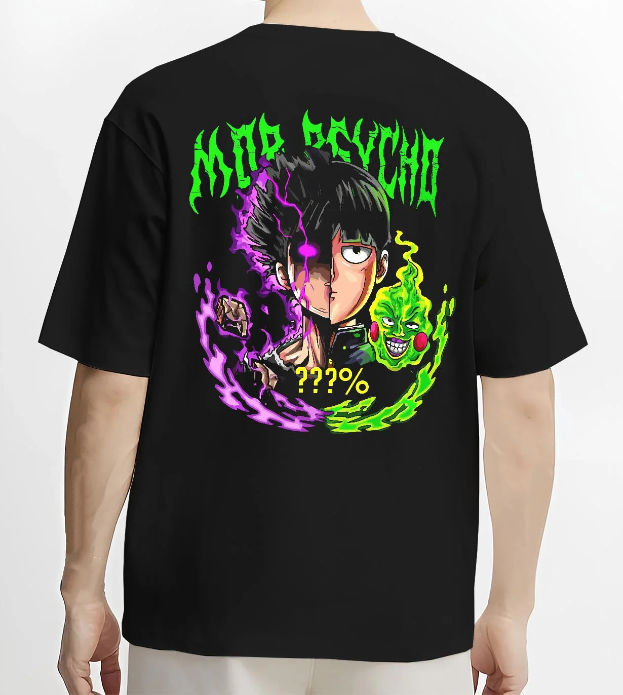 Black T-shirt worn by male model, back view with Mob Psycho 100 Hoodie Shigeo Kageyama Esper Jumper graphic premium wear.