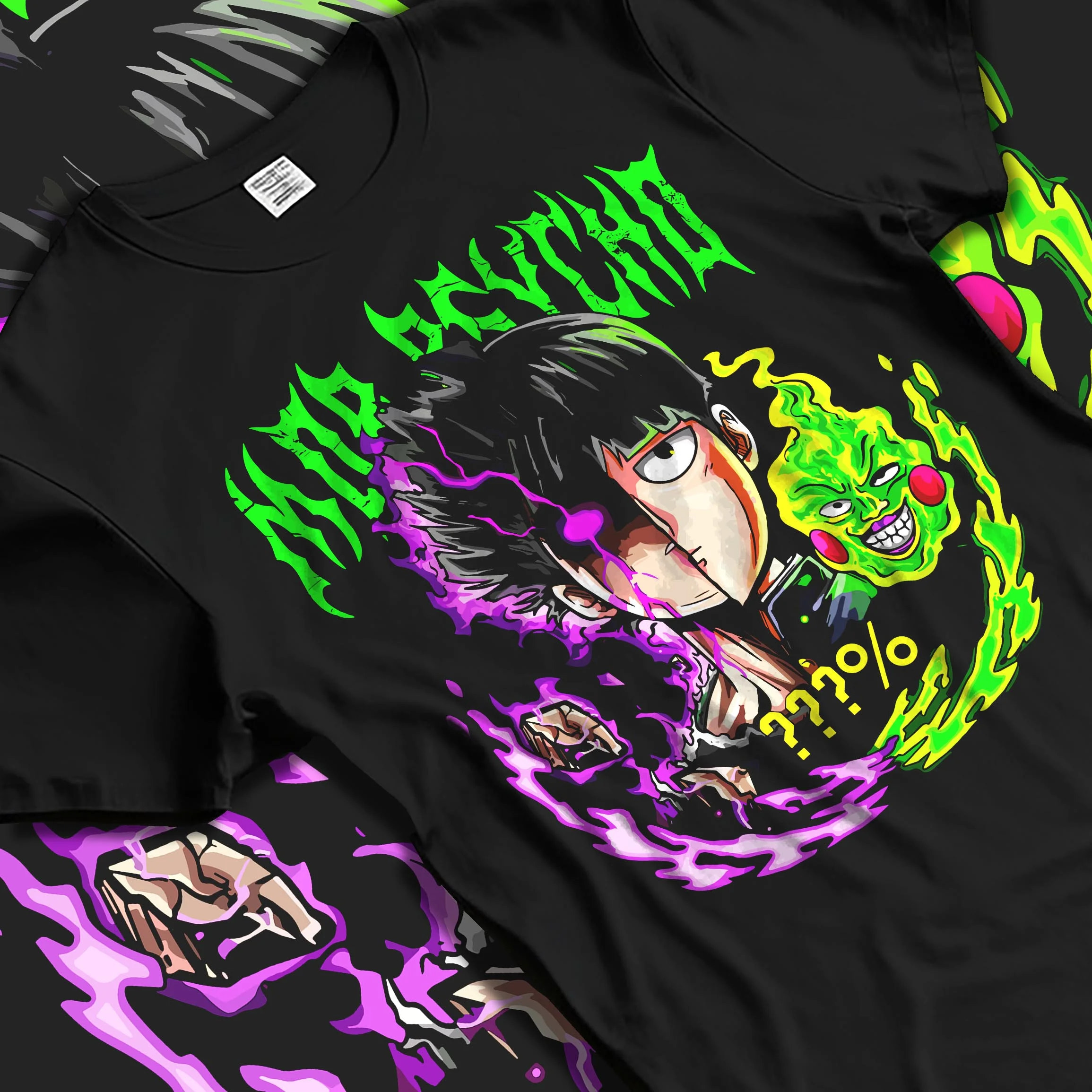 Black T-shirt laid flat with natural folds with Mob Psycho 100 Hoodie Shigeo Kageyama Esper Jumper graphic bold anime graphic.