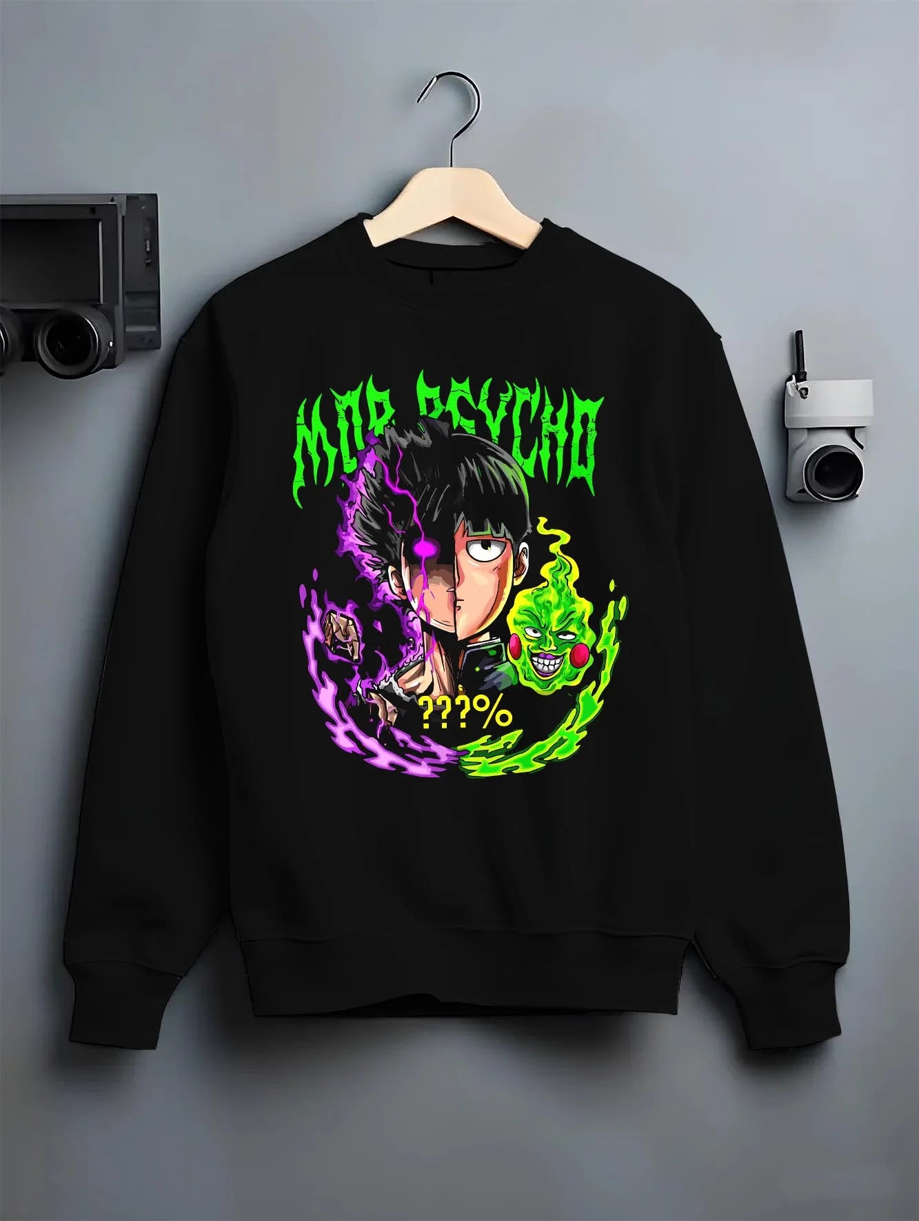 Black crewneck sweatshirt on hanger with Mob Psycho 100 Hoodie Shigeo Kageyama Esper Jumper graphic premium wear.