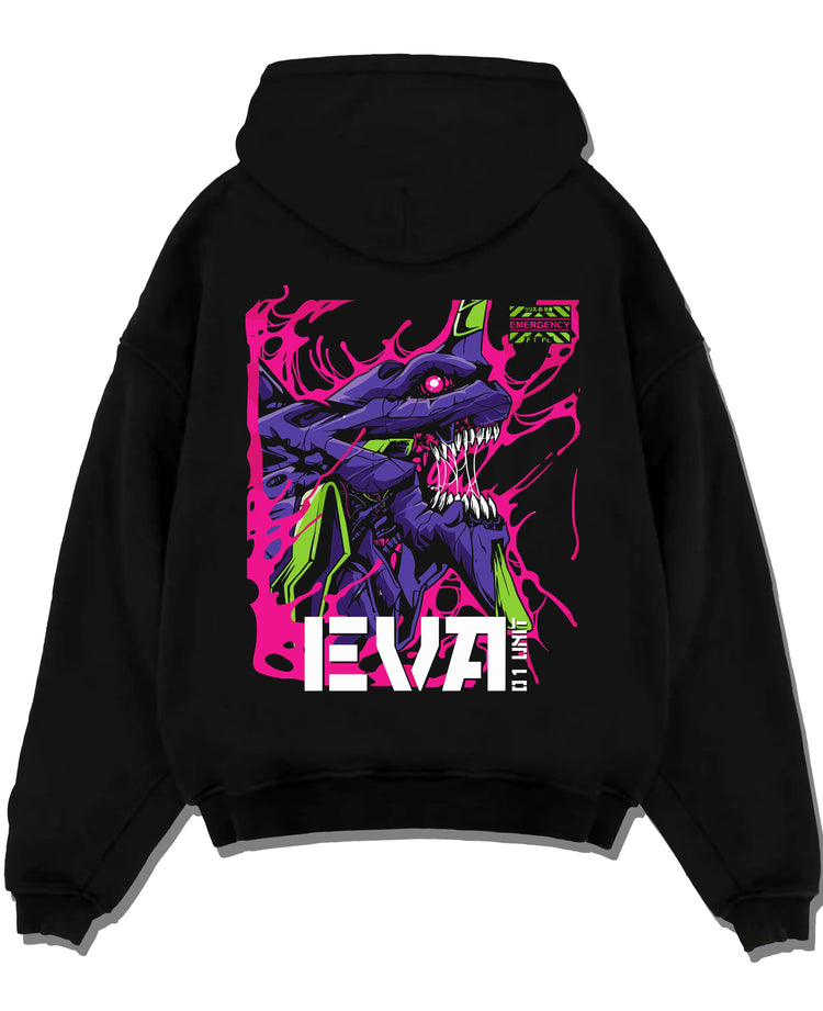 Black pullover hoodie laid flat with Evangelion Unit 01 Hoodie Neon Genesis Mecha Purple graphic bold anime graphic.