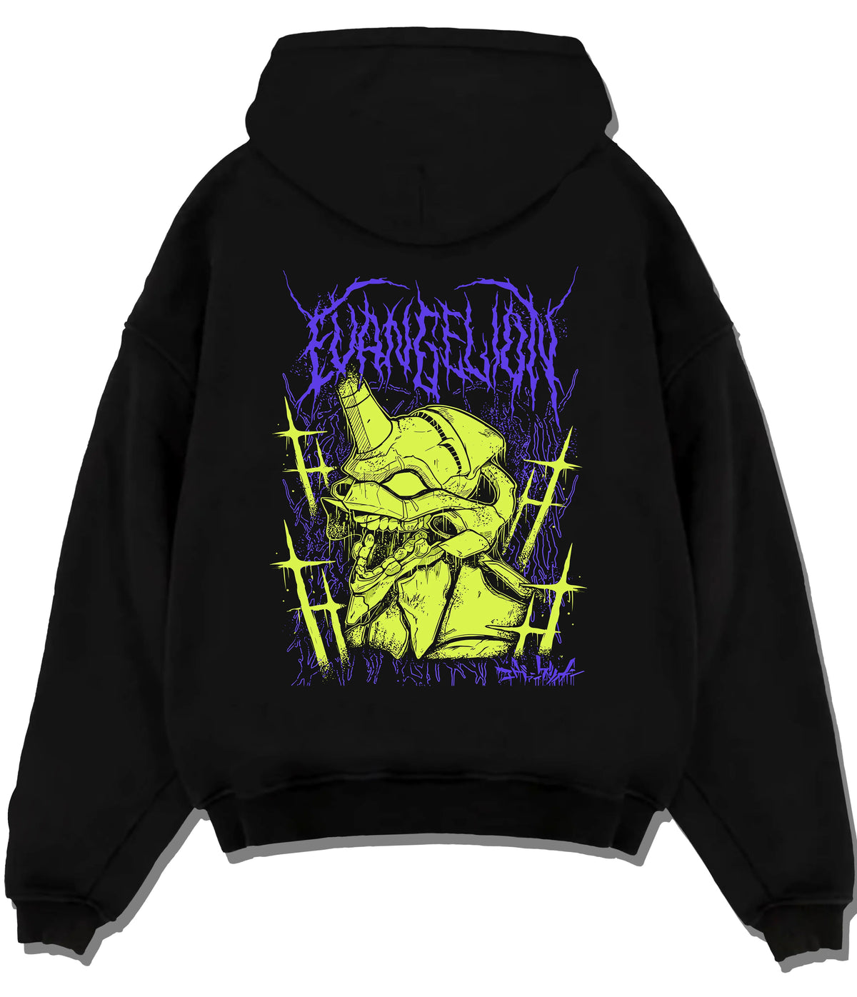 Black hoodie flat back view showing Evangelion Unit-01: lime-green portrait