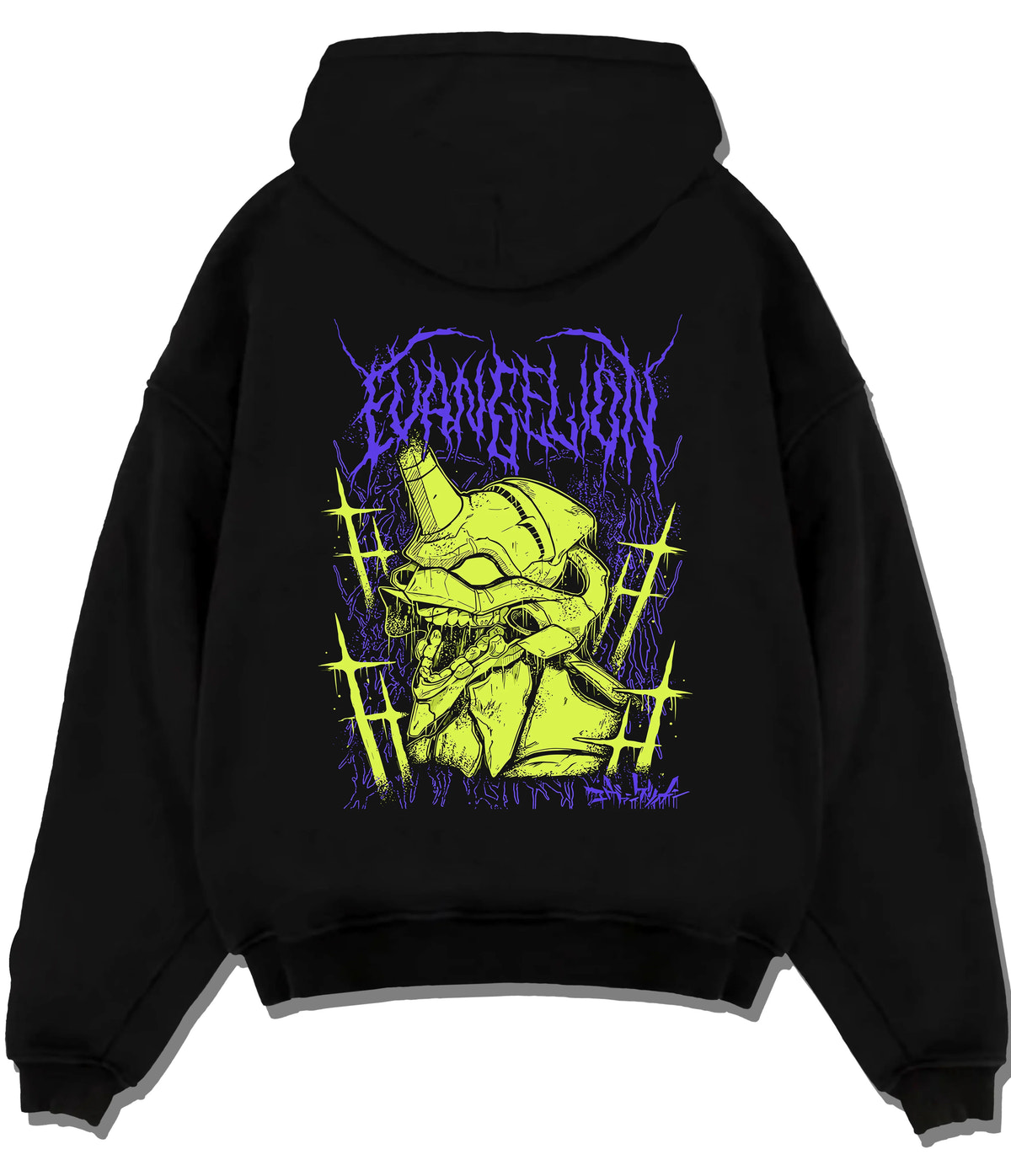 Black hoodie flat back view showing Evangelion Unit-01: lime-green portrait