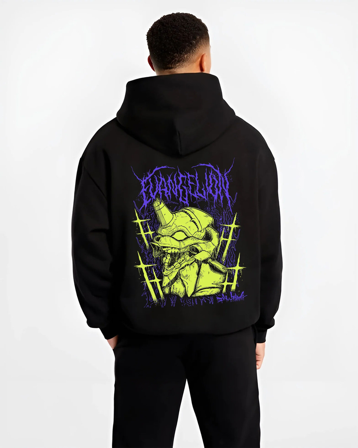 Black hoodie model back view showing Evangelion Unit-01: lime-green portrait