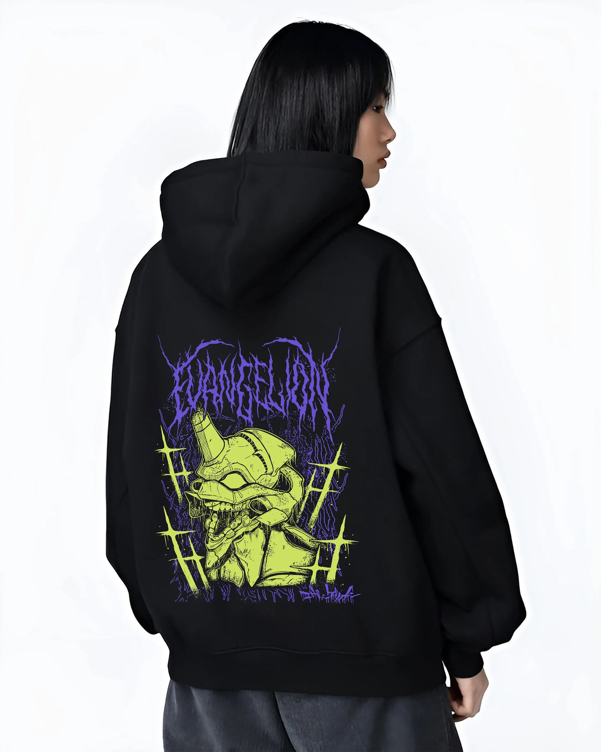 Black hoodie female model back view showing Evangelion Unit-01: lime-green portrait