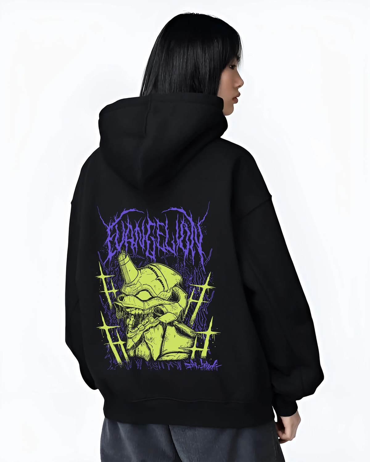 Black hoodie female model back view showing Evangelion Unit-01: lime-green portrait