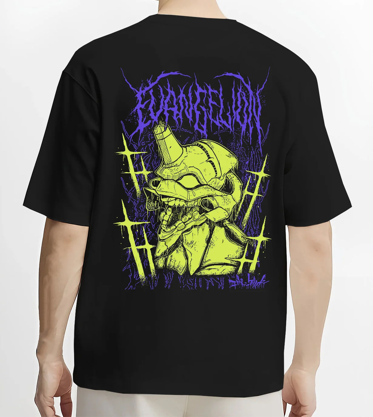 Black T-shirt model back view showing Evangelion Unit-01: lime-green portrait