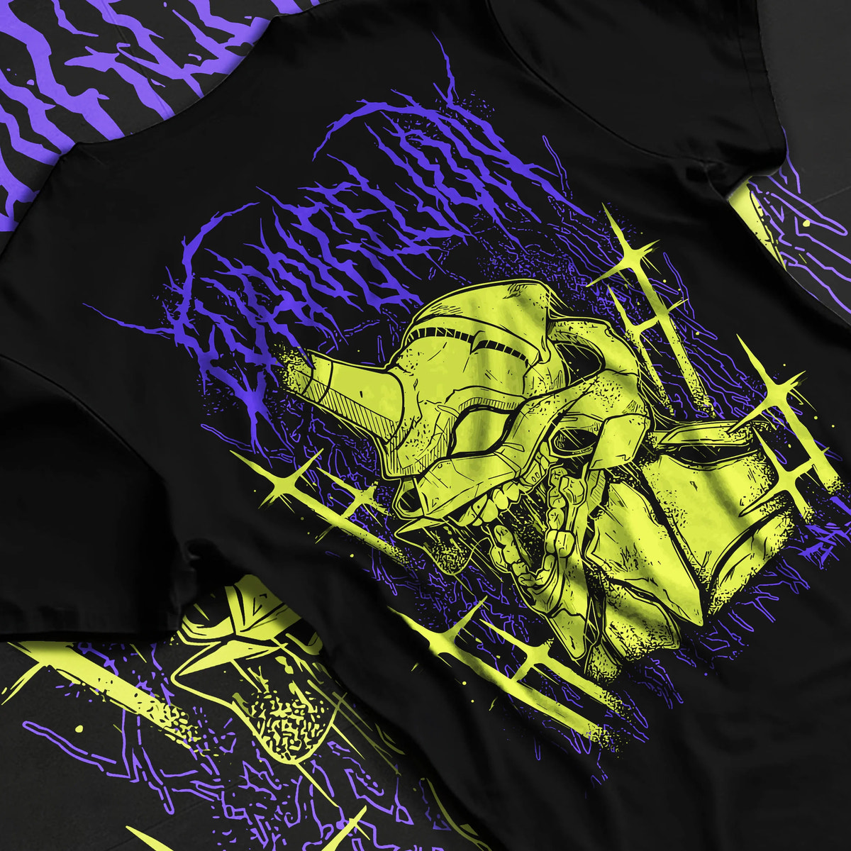Black T-shirt flat back view showing Evangelion Unit-01: lime-green portrait
