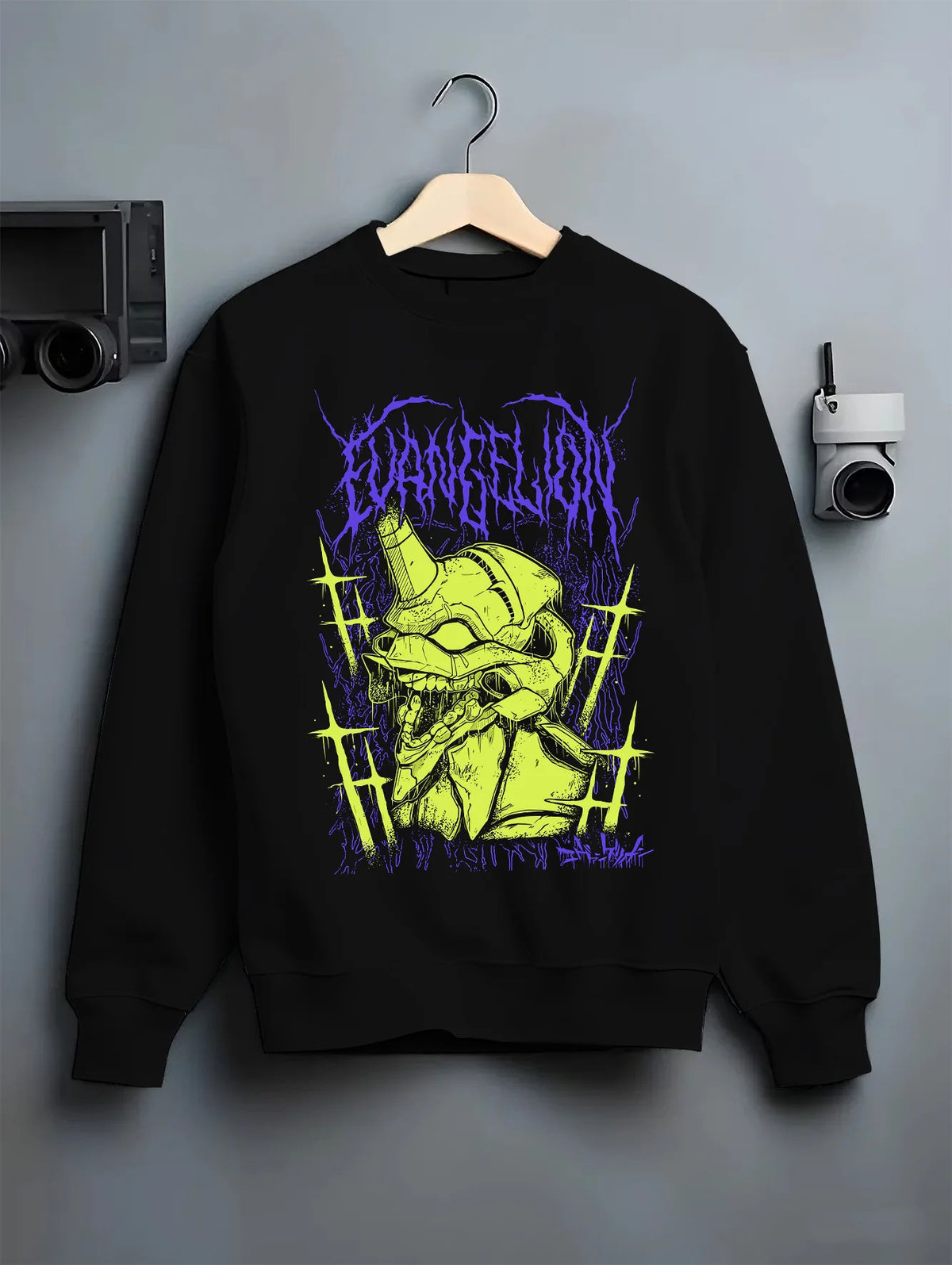 Black crewneck sweatshirt on hanger showing Evangelion Unit-01: lime-green portrait